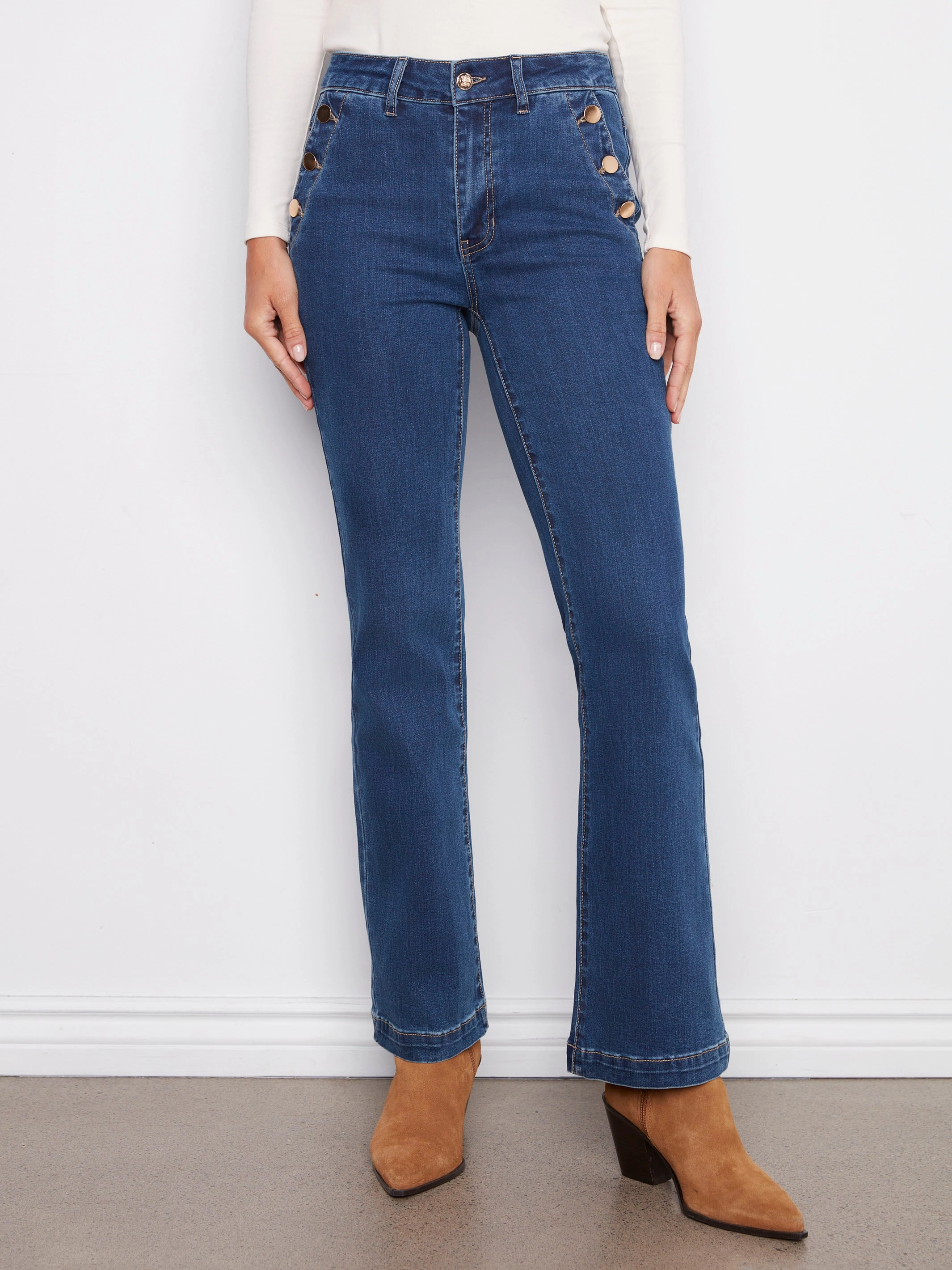 Beach Day Sustainable Flare Leg Stretch Jeans With Buttons - Indigo