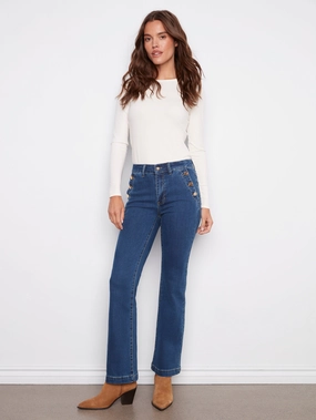 Flare Leg Stretch Jeans With Buttons - Indigo Street Style