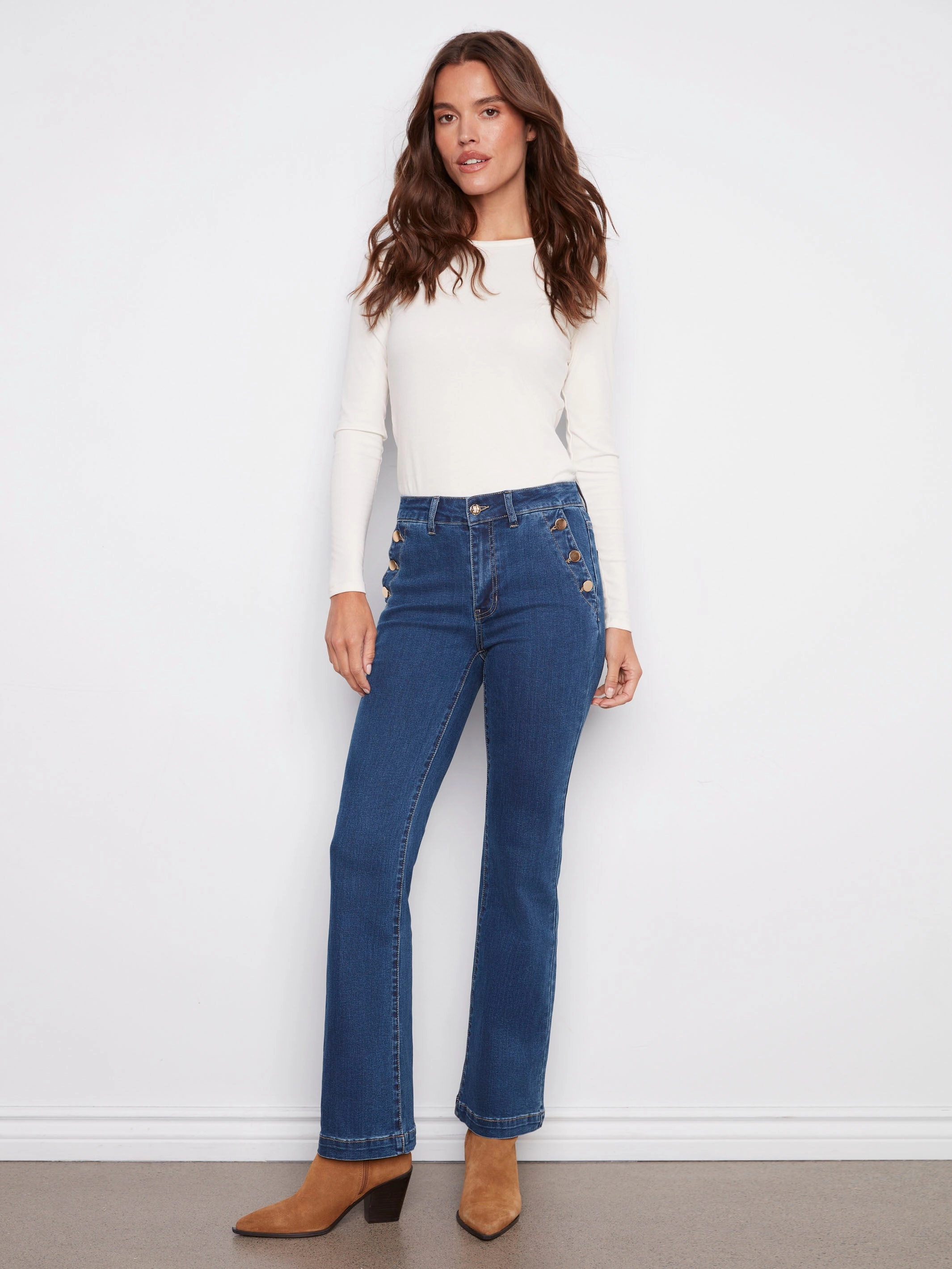Flare Leg Stretch Jeans With Buttons - Indigo Street Style