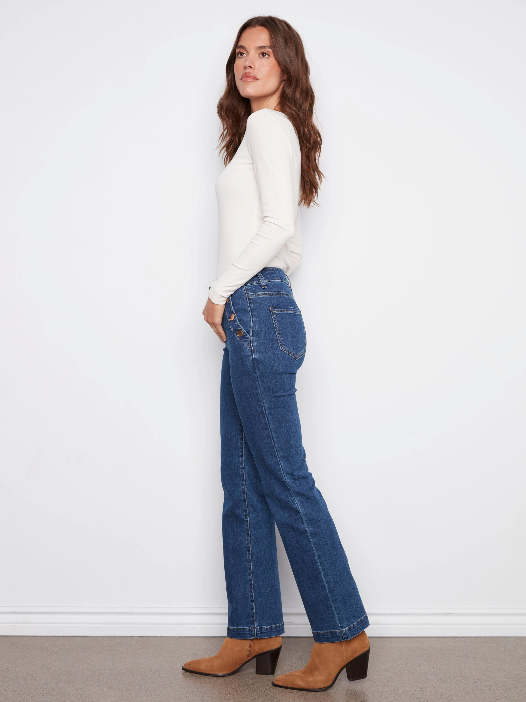 Daily Wear Festival Outfit Daily Uniform Flare Leg Stretch Jeans With Buttons - Indigo