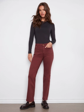Sharp Comfort Patch Pocket Flare Twill Pants With Rivets - Cabernet