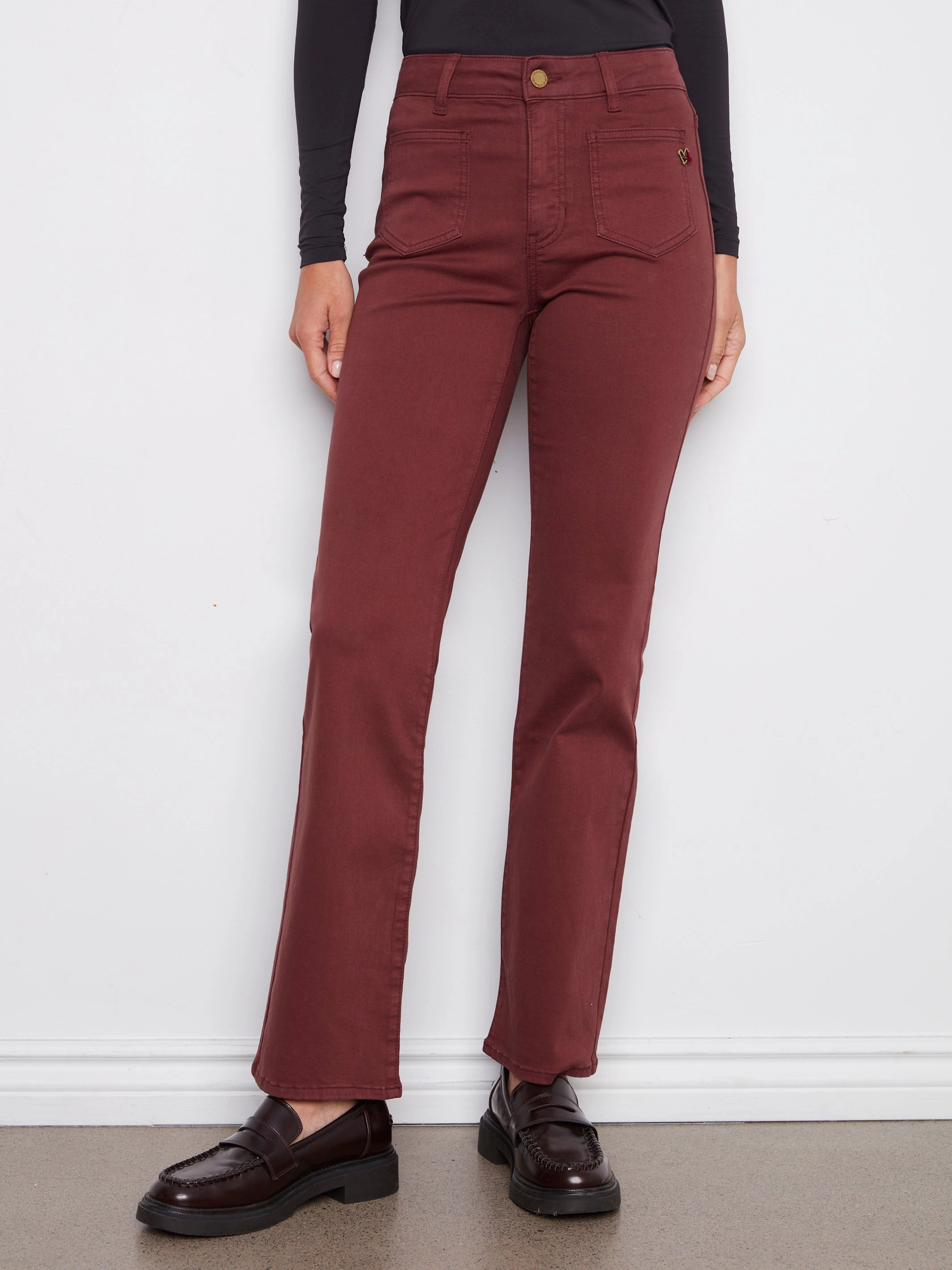 Work Meeting Trendy Modern Minimalist Patch Pocket Flare Twill Pants With Rivets - Cabernet