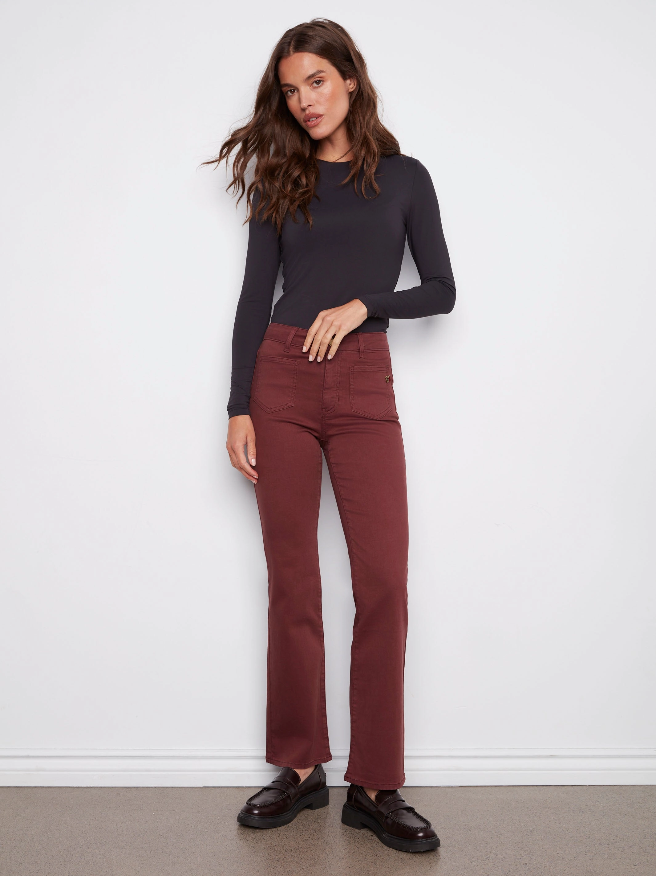 Relaxed Waist Chill Friendly Patch Pocket Flare Twill Pants With Rivets - Cabernet