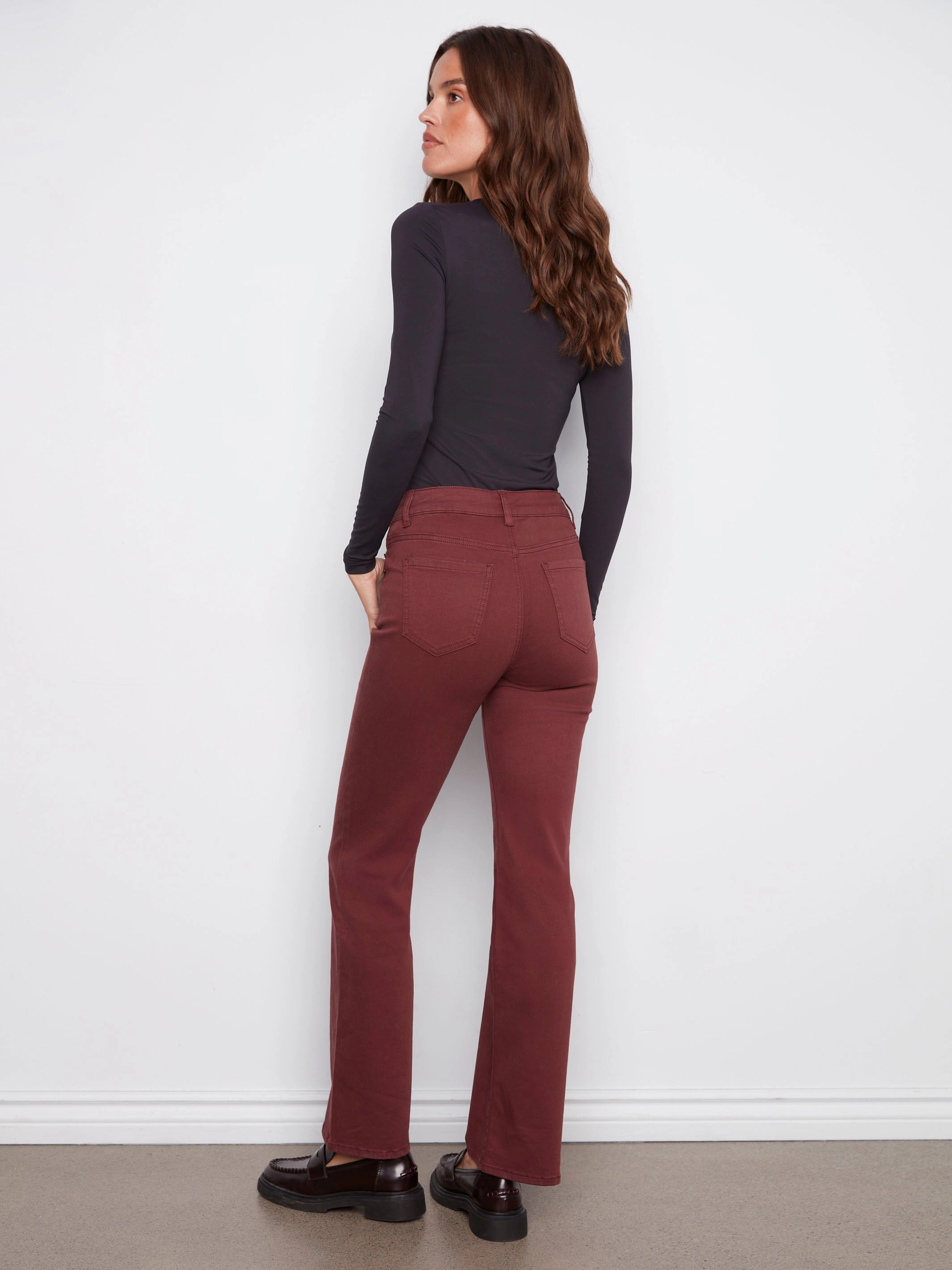 Patch Pocket Flare Twill Pants With Rivets - Cabernet Brunch Outfit Trend Setter Artist Vibe Everyday Rainy Day