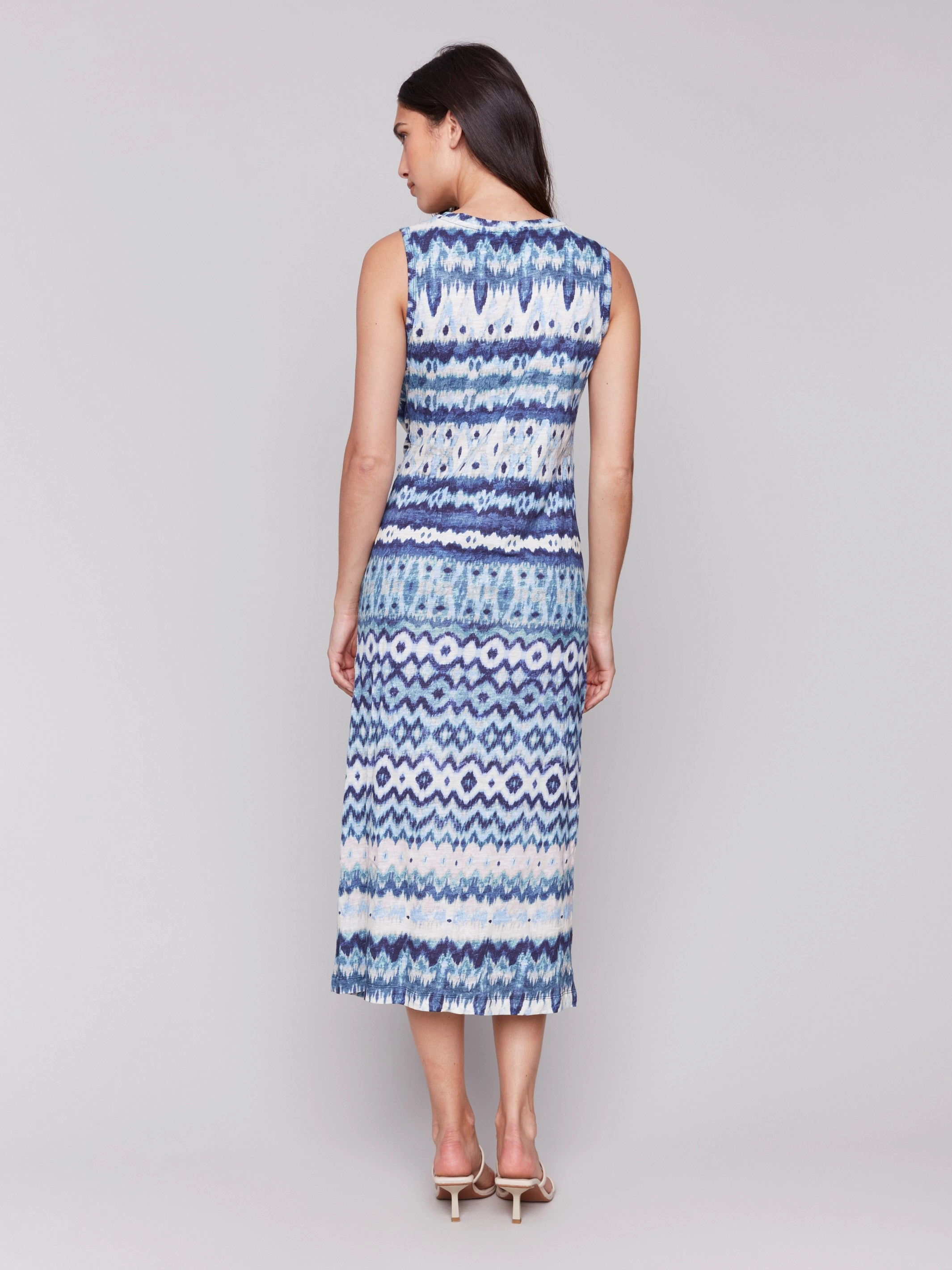 Light Wrap Timeless Waist Sleeveless Cotton Dress with Faux Knot Detail - Lake Tahoe
