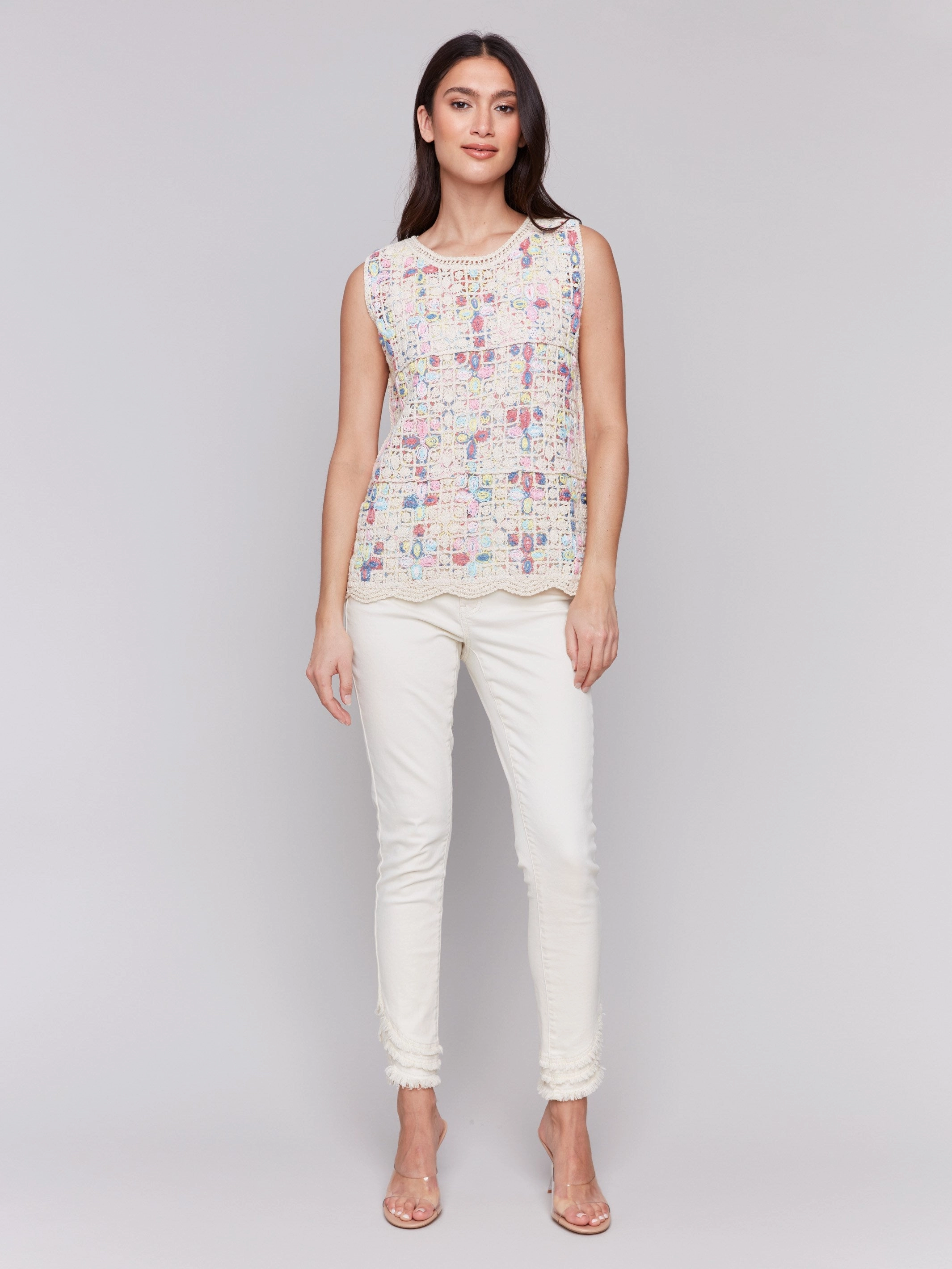 Sleeveless Crochet Crew Neck Top - Natural Youth fashion