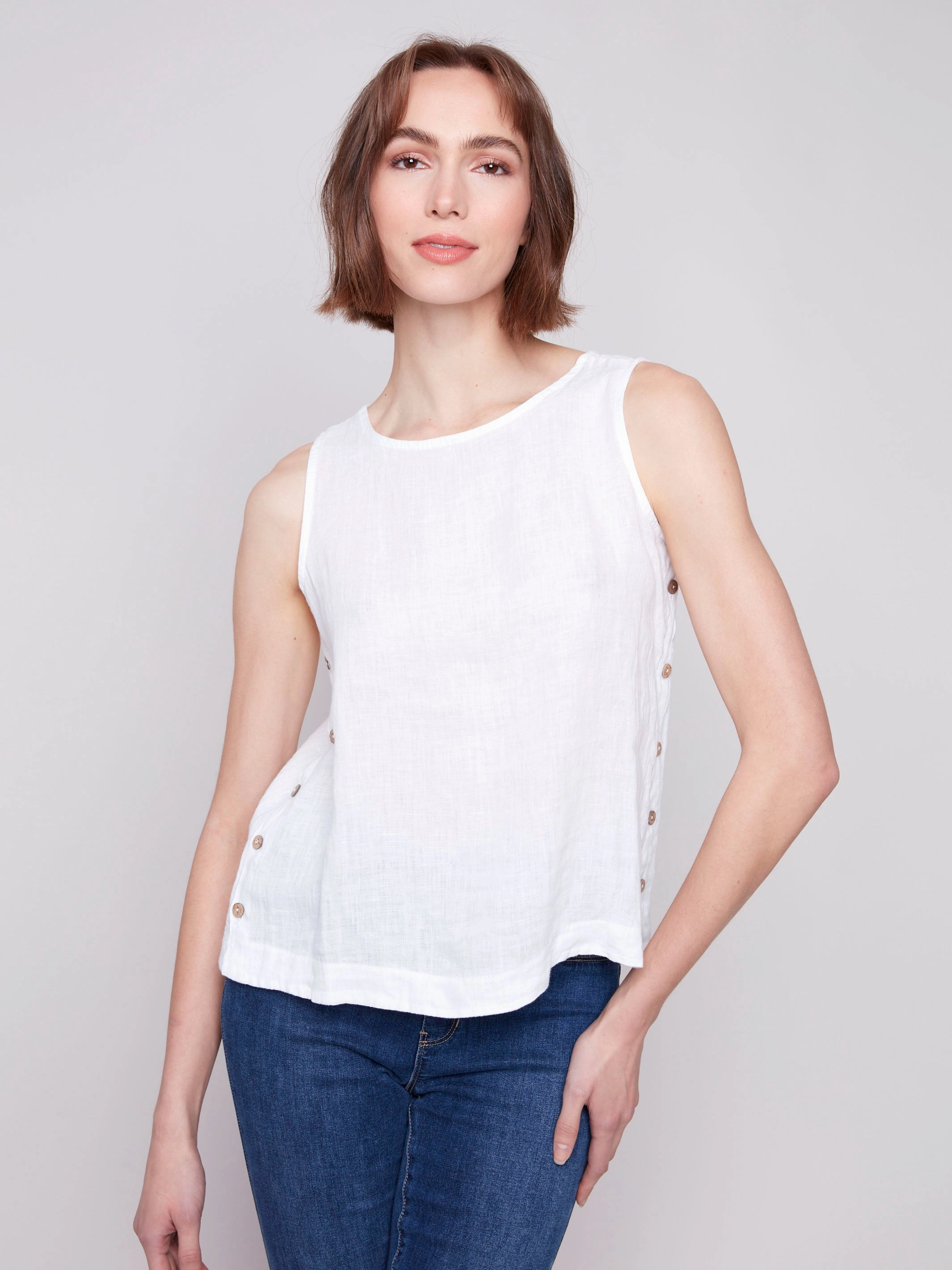 Minimalist fashion Sleeveless Linen Top with Side Buttons - White