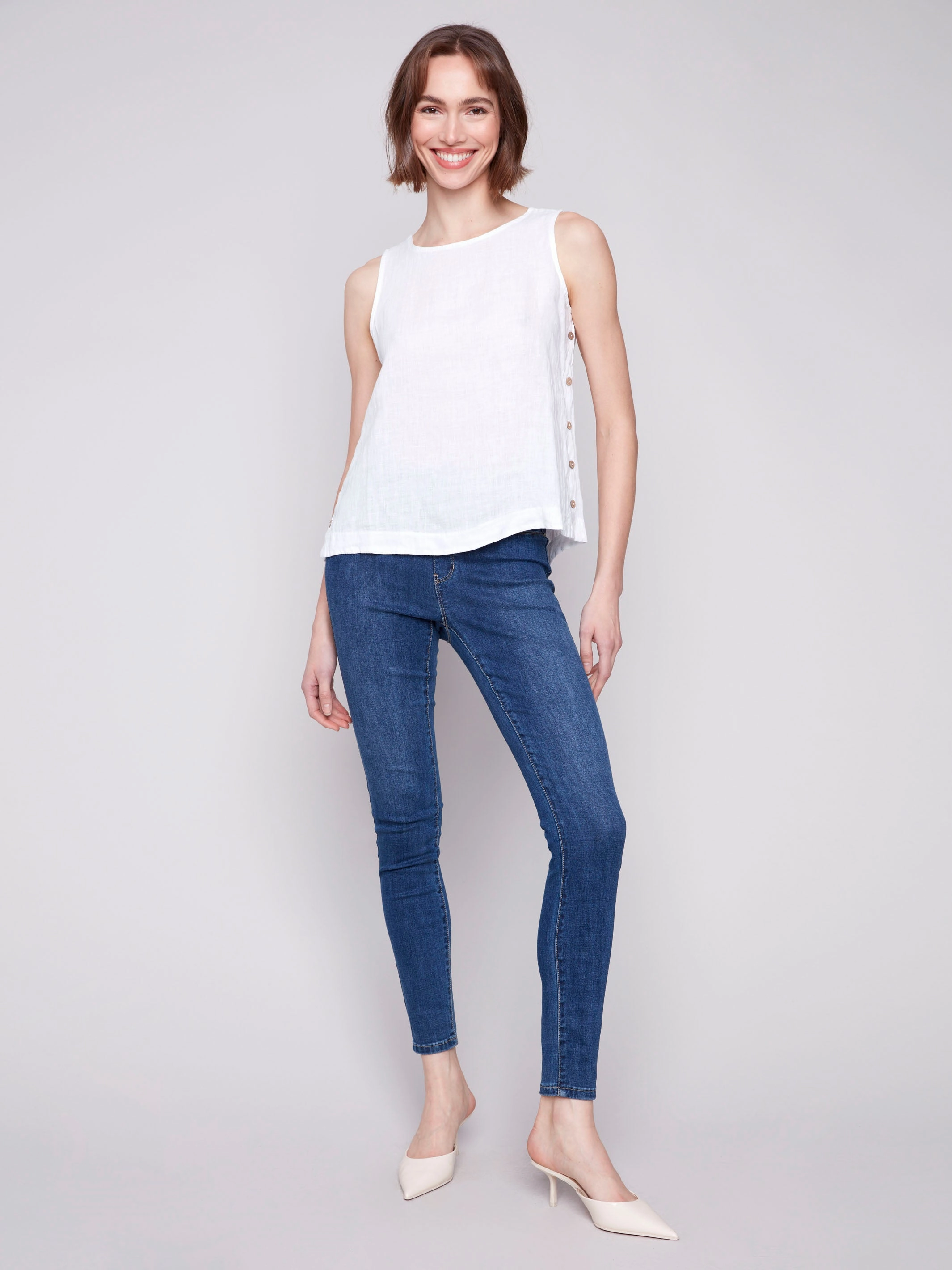 Sleeveless Linen Top with Side Buttons - White Retro Vibe