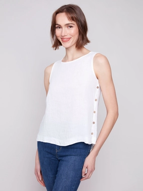 Must-Have Item Flexible Shoulder Panels Sleeveless Linen Top with Side Buttons - White