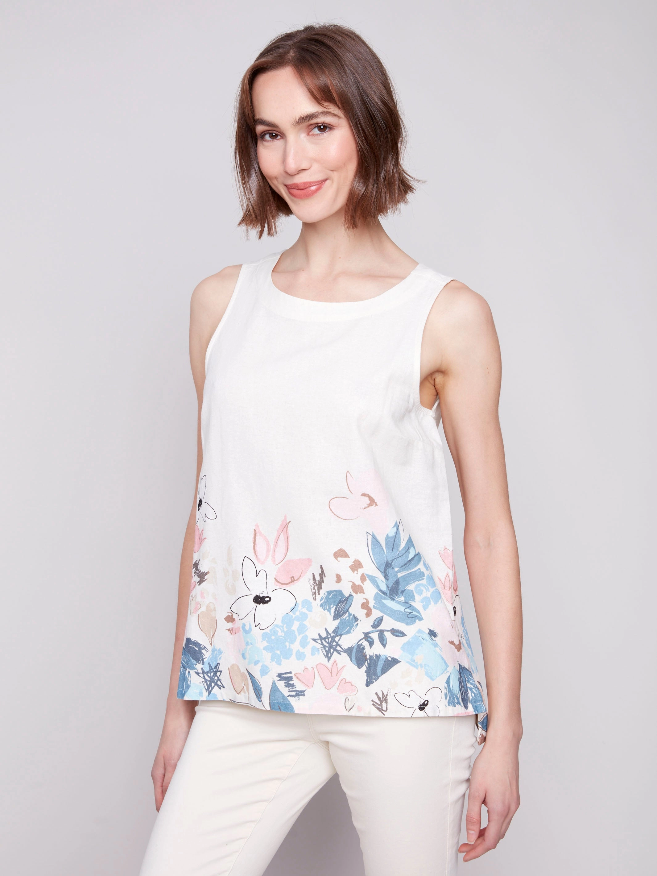 Sleeveless Printed Linen Blend Top - Supernova Athletic Cut Embroidered Detail