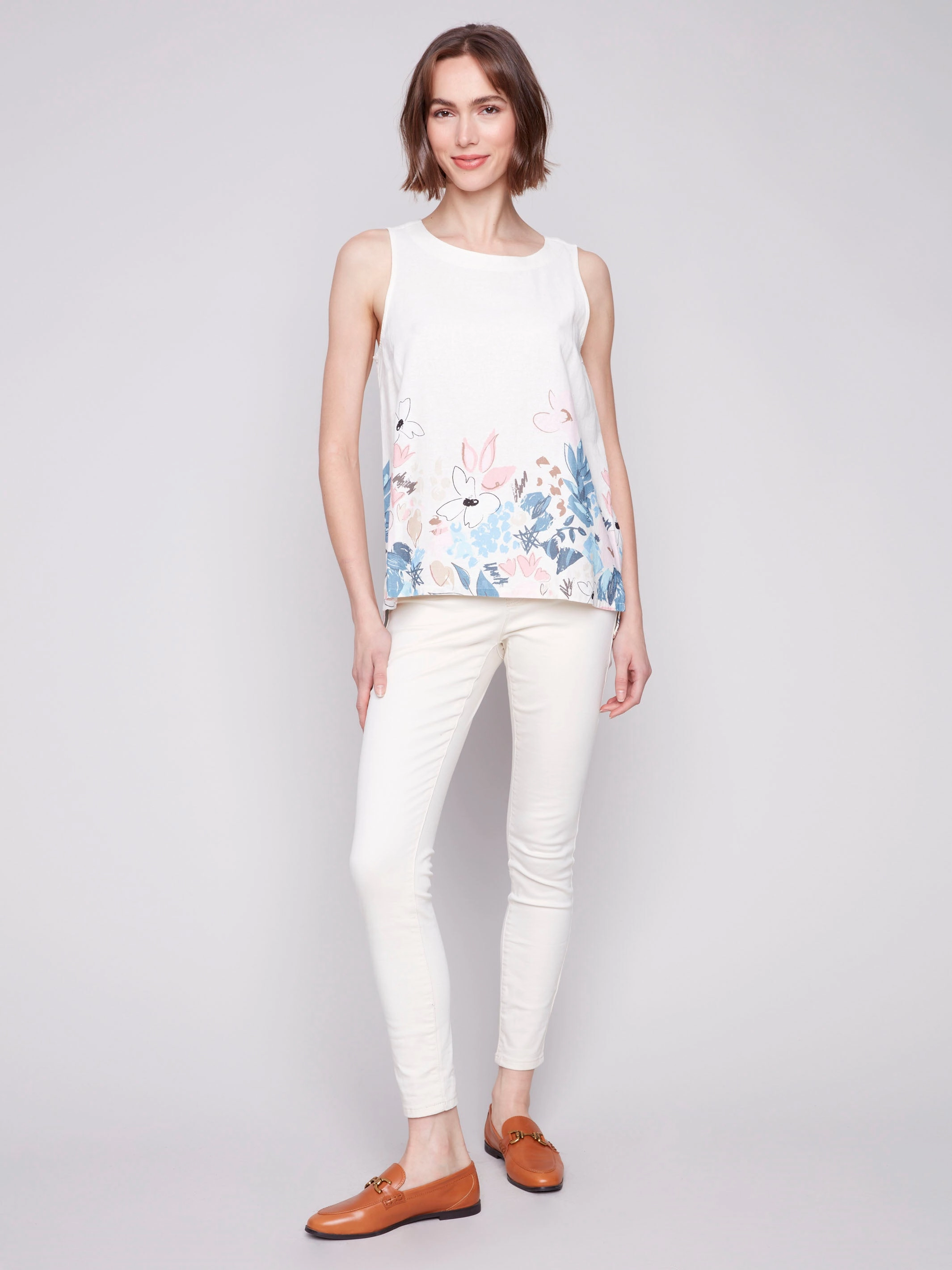 Pre Shrunk Cotton Blend Sleeveless Printed Linen Blend Top - Supernova