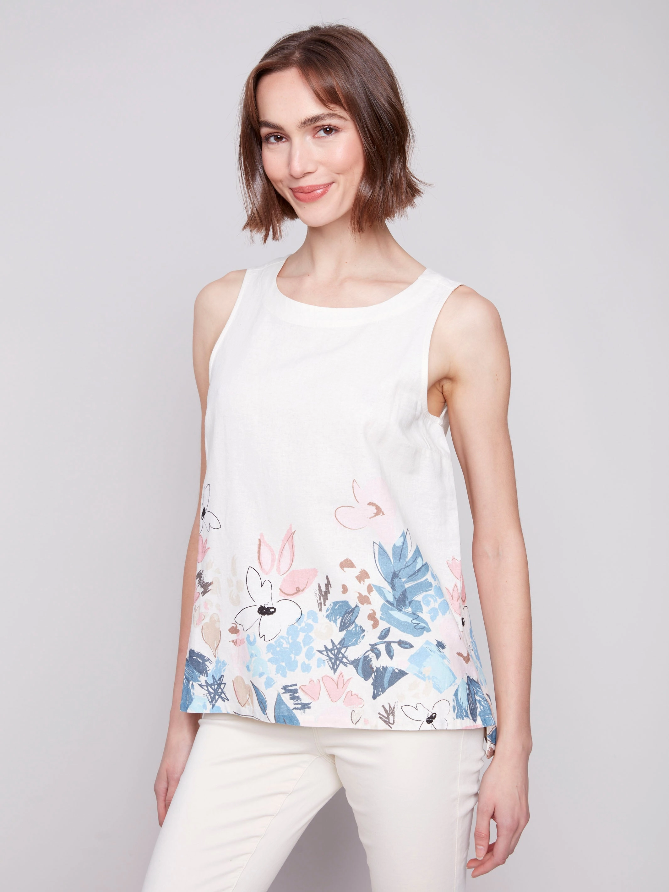 Sleeveless Printed Linen Blend Top - Supernova Neutral Toned Stitching
