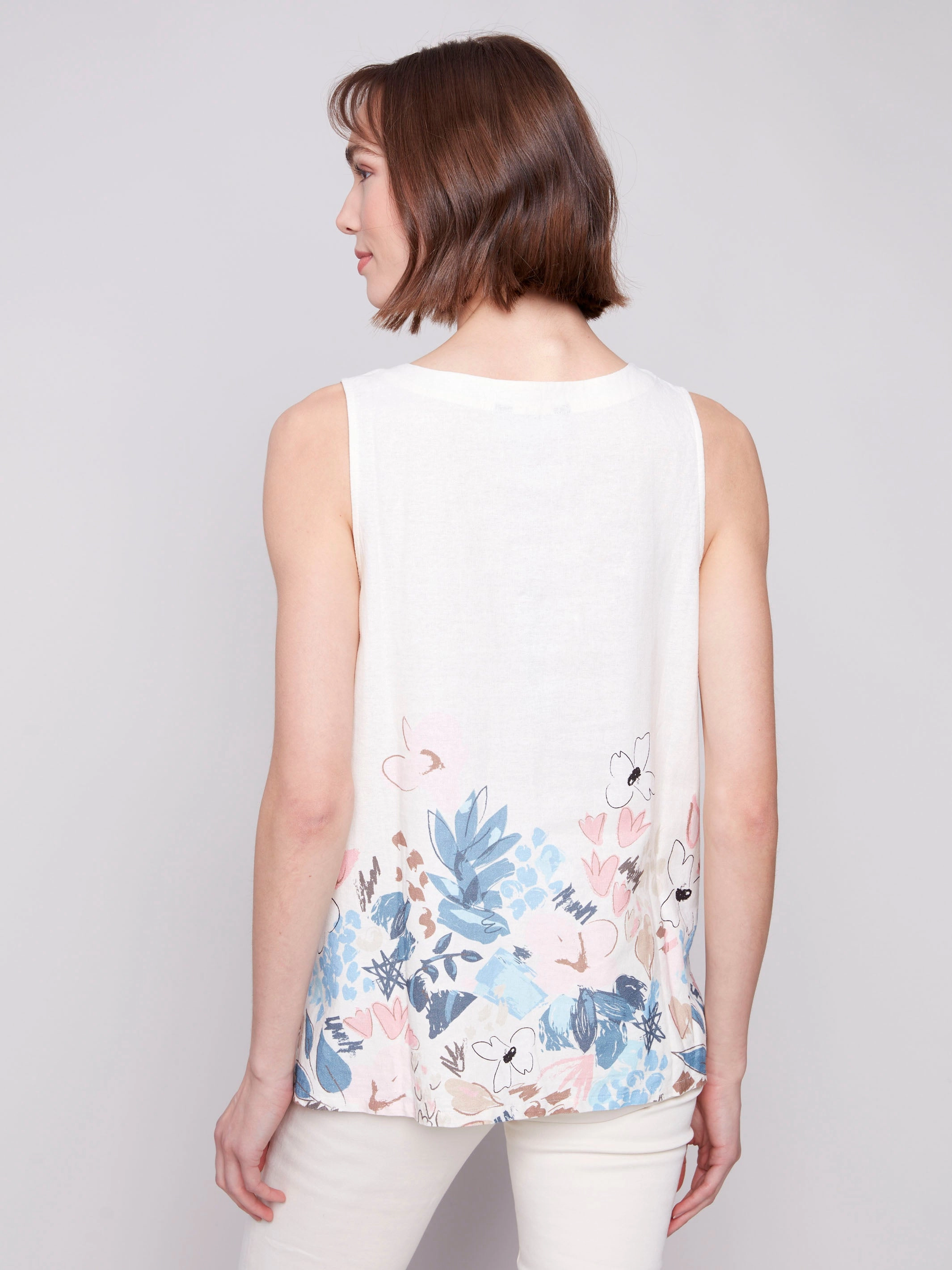 Hooded Neckline Subtle Details Sleeveless Printed Linen Blend Top - Supernova