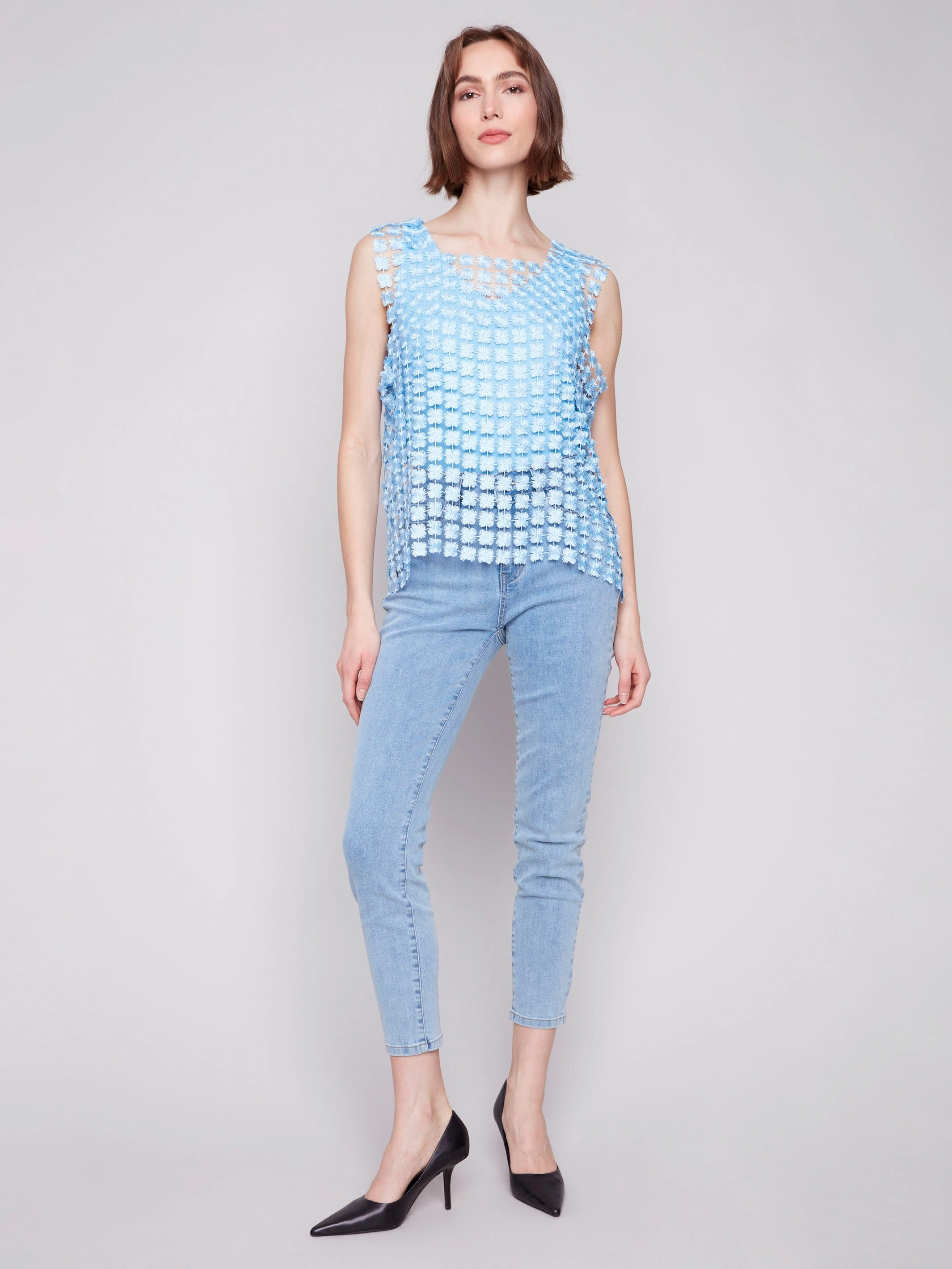 Sleeveless Textured Crochet Flower Top - Bluebell Non-Iron Double Stitched Seams