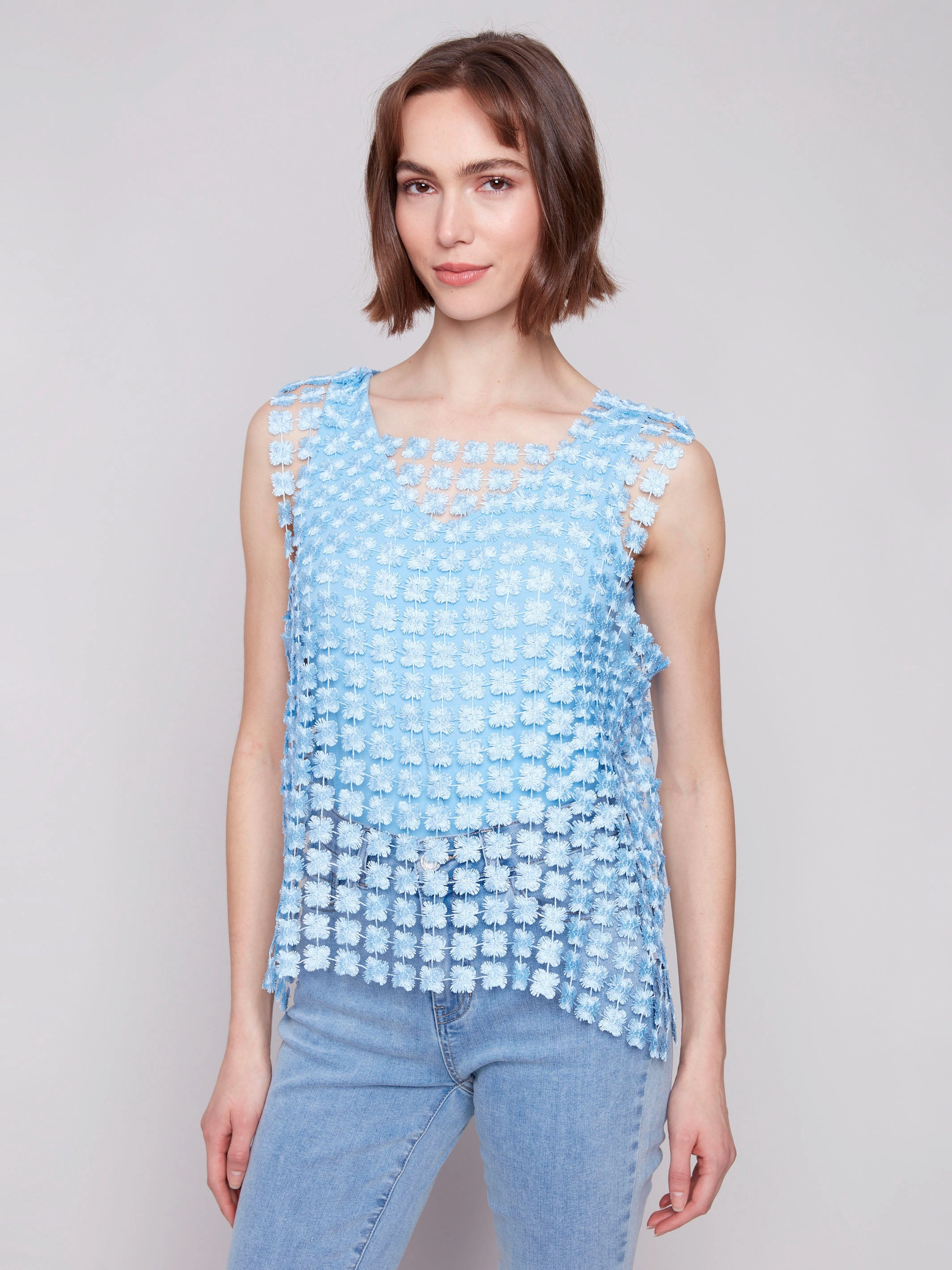 Holiday Outfit Sleeveless Textured Crochet Flower Top - Bluebell