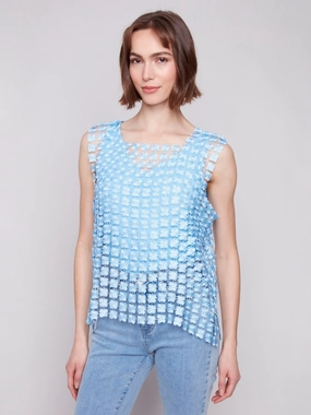 Holiday Outfit Sleeveless Textured Crochet Flower Top - Bluebell