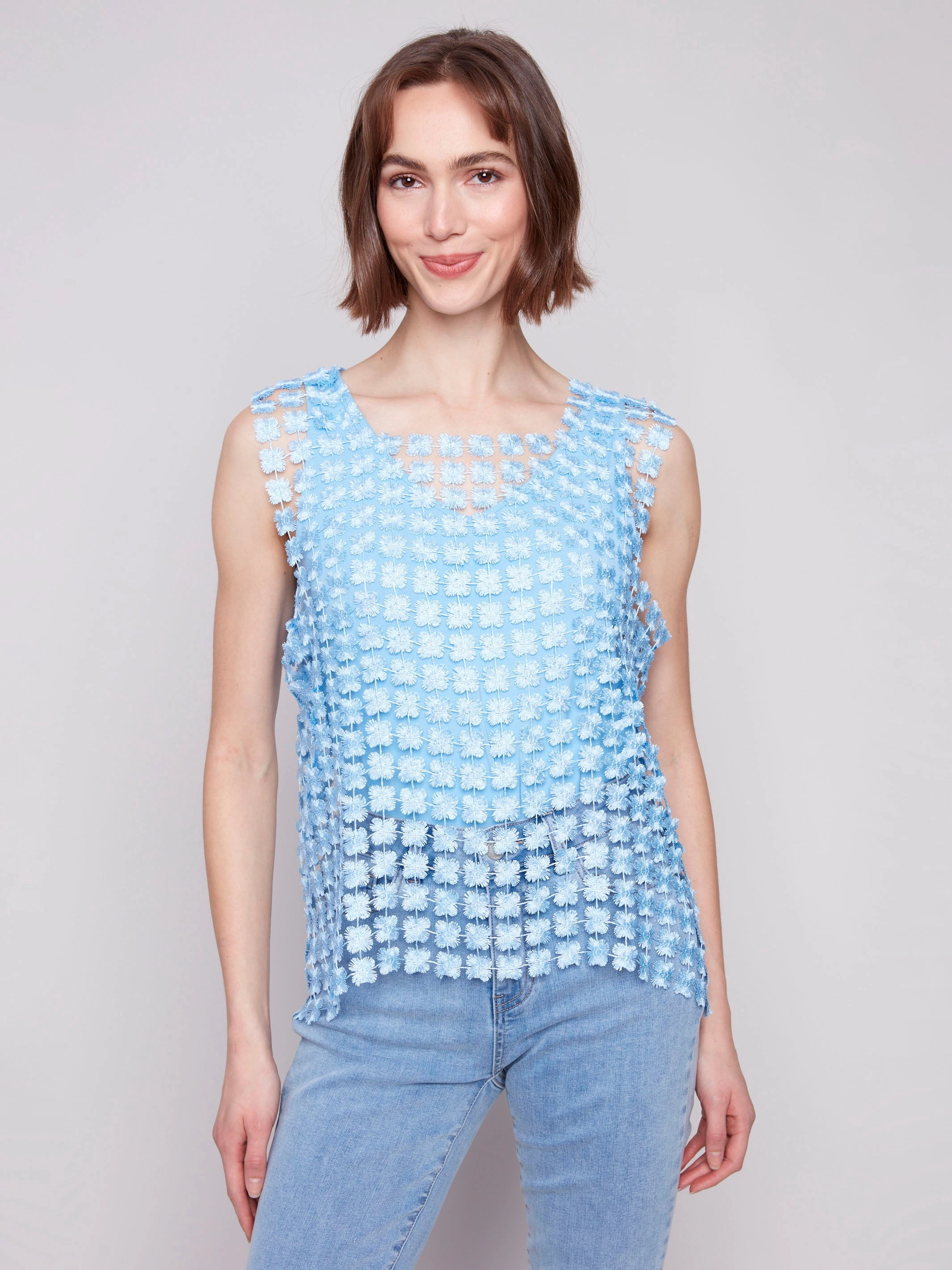 Sleeveless Textured Crochet Flower Top - Bluebell Non Irritating Seams