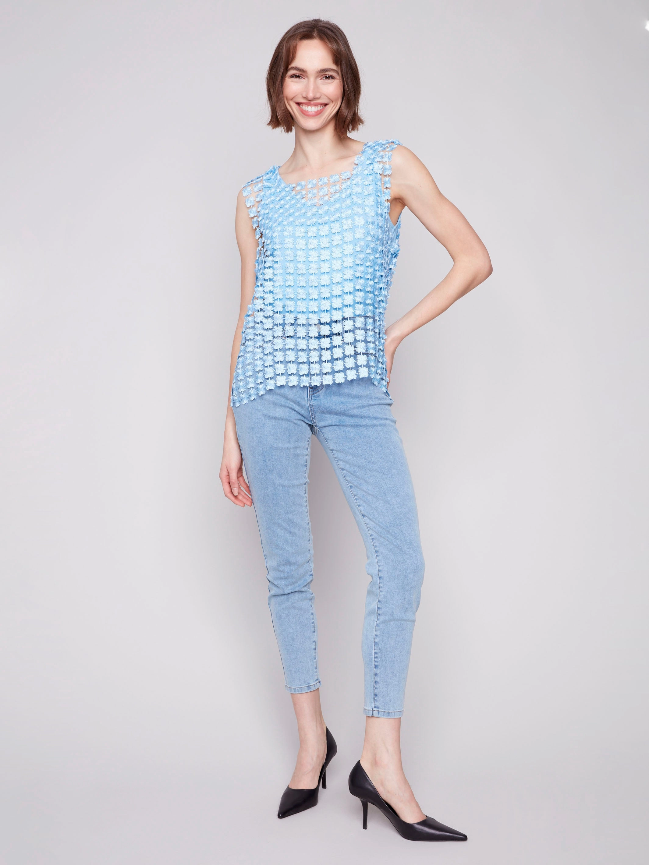 Anti Static Finish Ergonomic Sleeve Cut Sleeveless Textured Crochet Flower Top - Bluebell