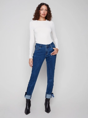 Slim Leg Jeans With Velvet Bow - Indigo Go Anywhere Look