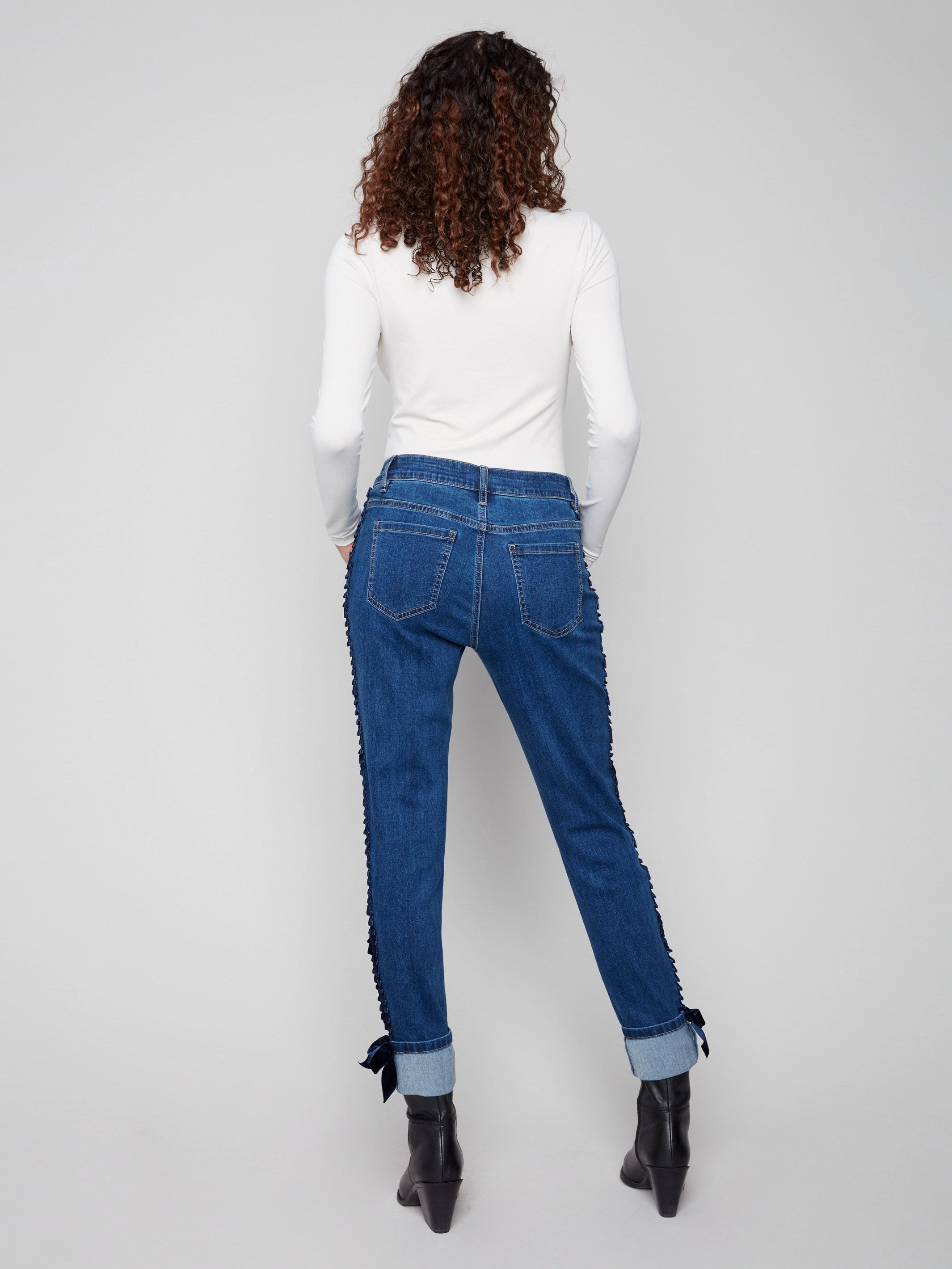 Wide Leg Silhouette Flexible Style Slim Leg Jeans With Velvet Bow - Indigo
