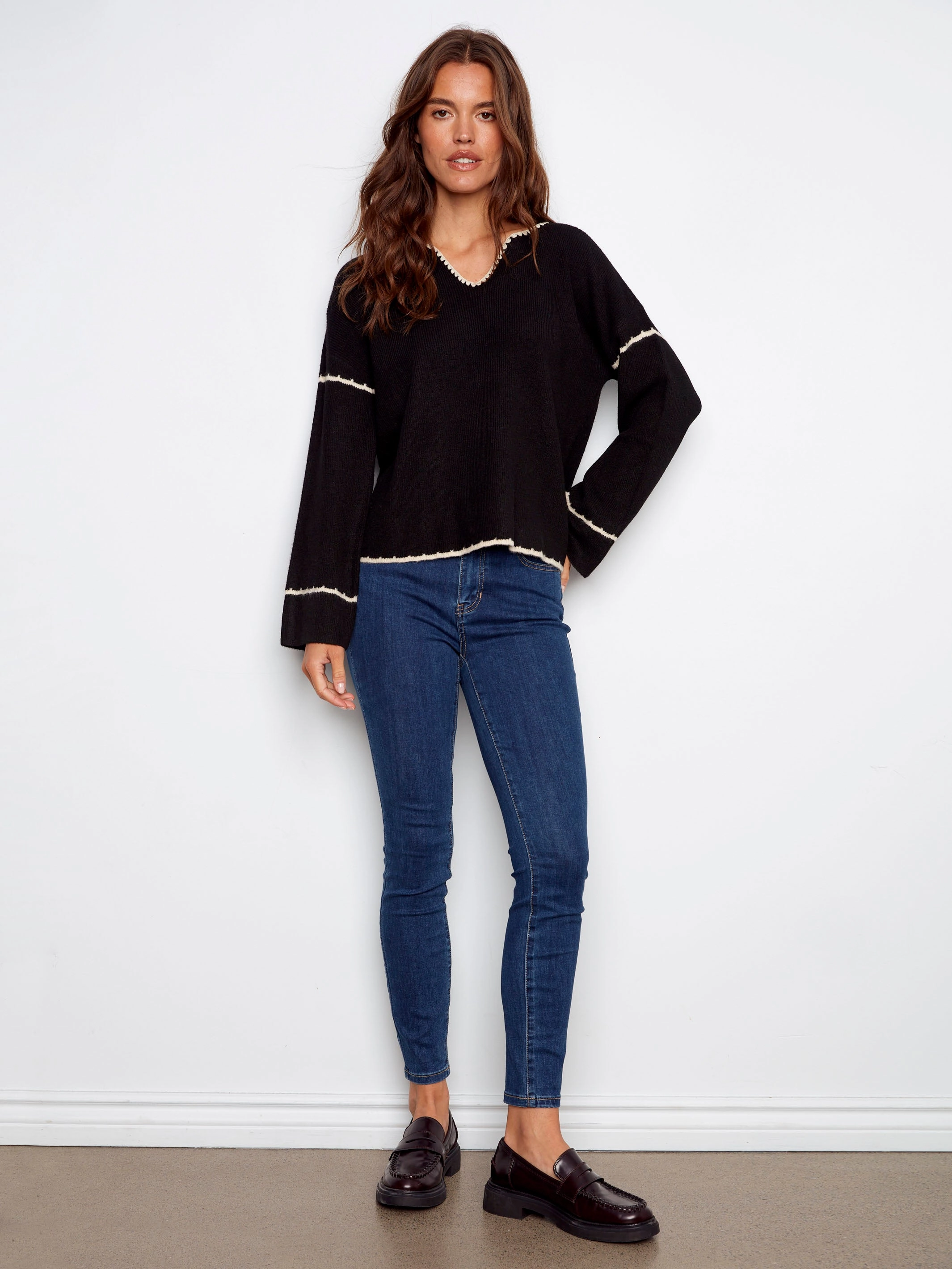 Embroidered Ribbed Sweater with Notch Neck - Black Thermal Regulation Tech