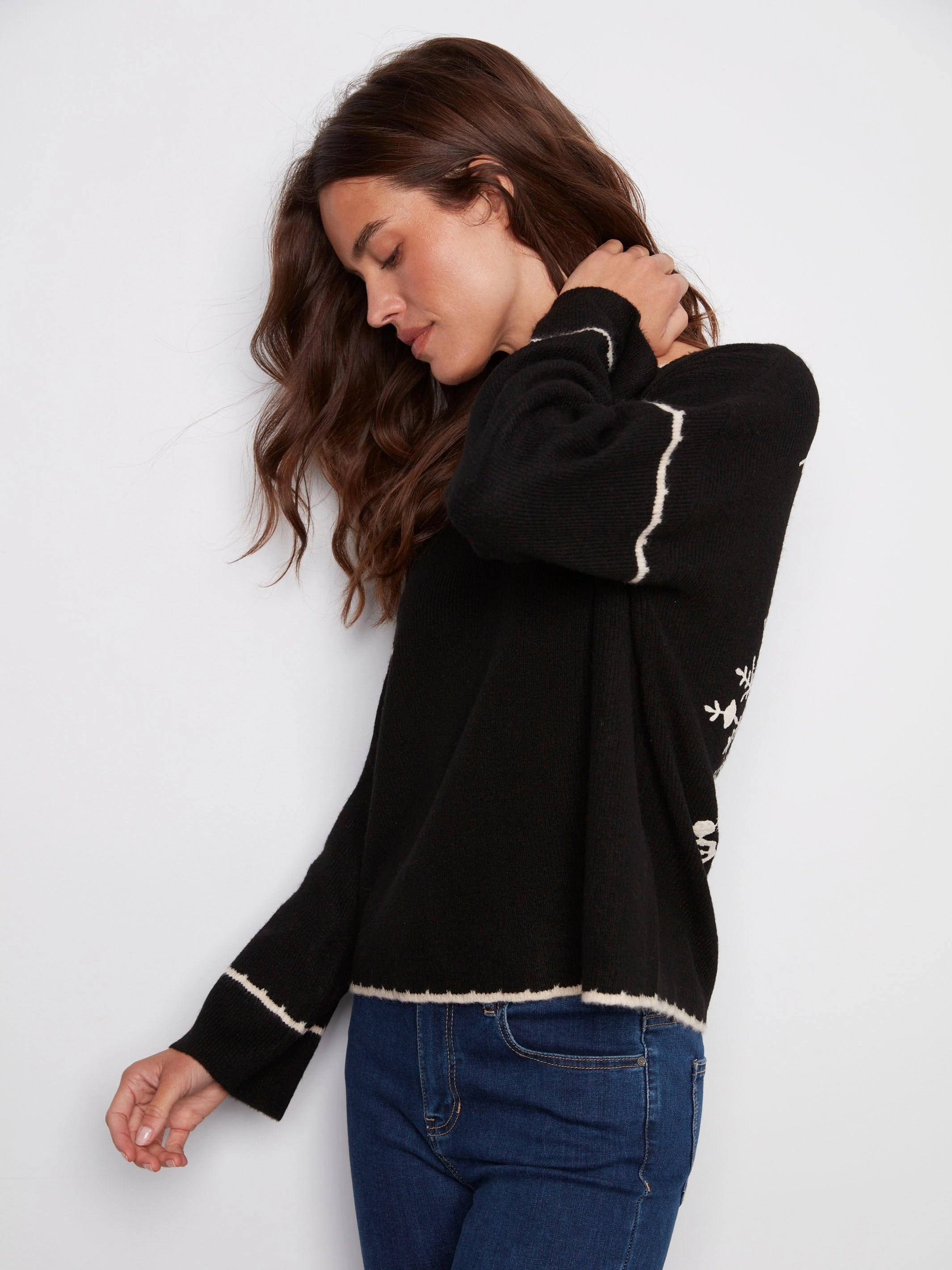 Embroidered Ribbed Sweater with Notch Neck - Black Designer Label Cycling - wear