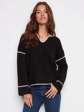 Painting Polyester Embroidered Ribbed Sweater with Notch Neck - Black