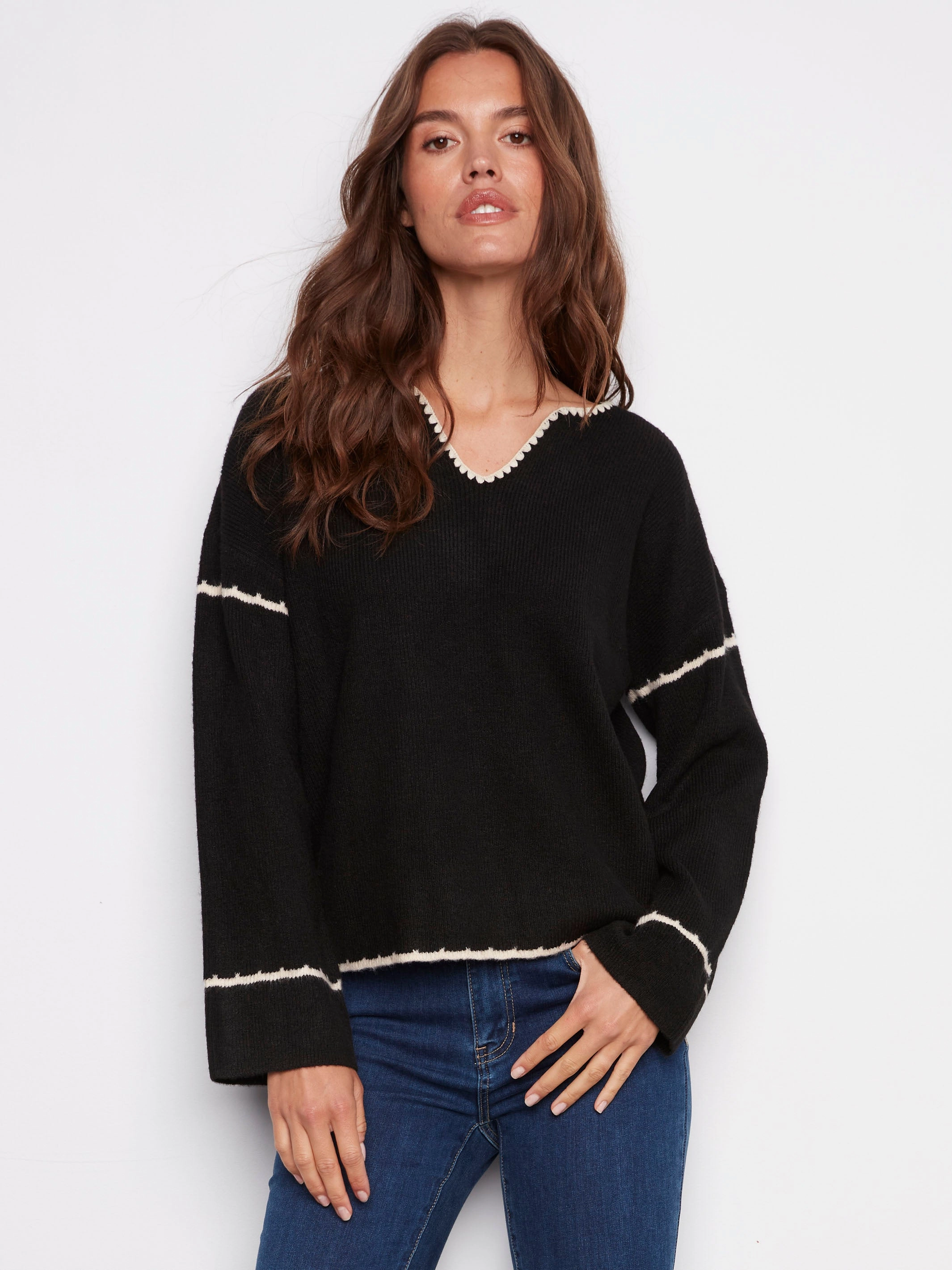 Painting Polyester Embroidered Ribbed Sweater with Notch Neck - Black