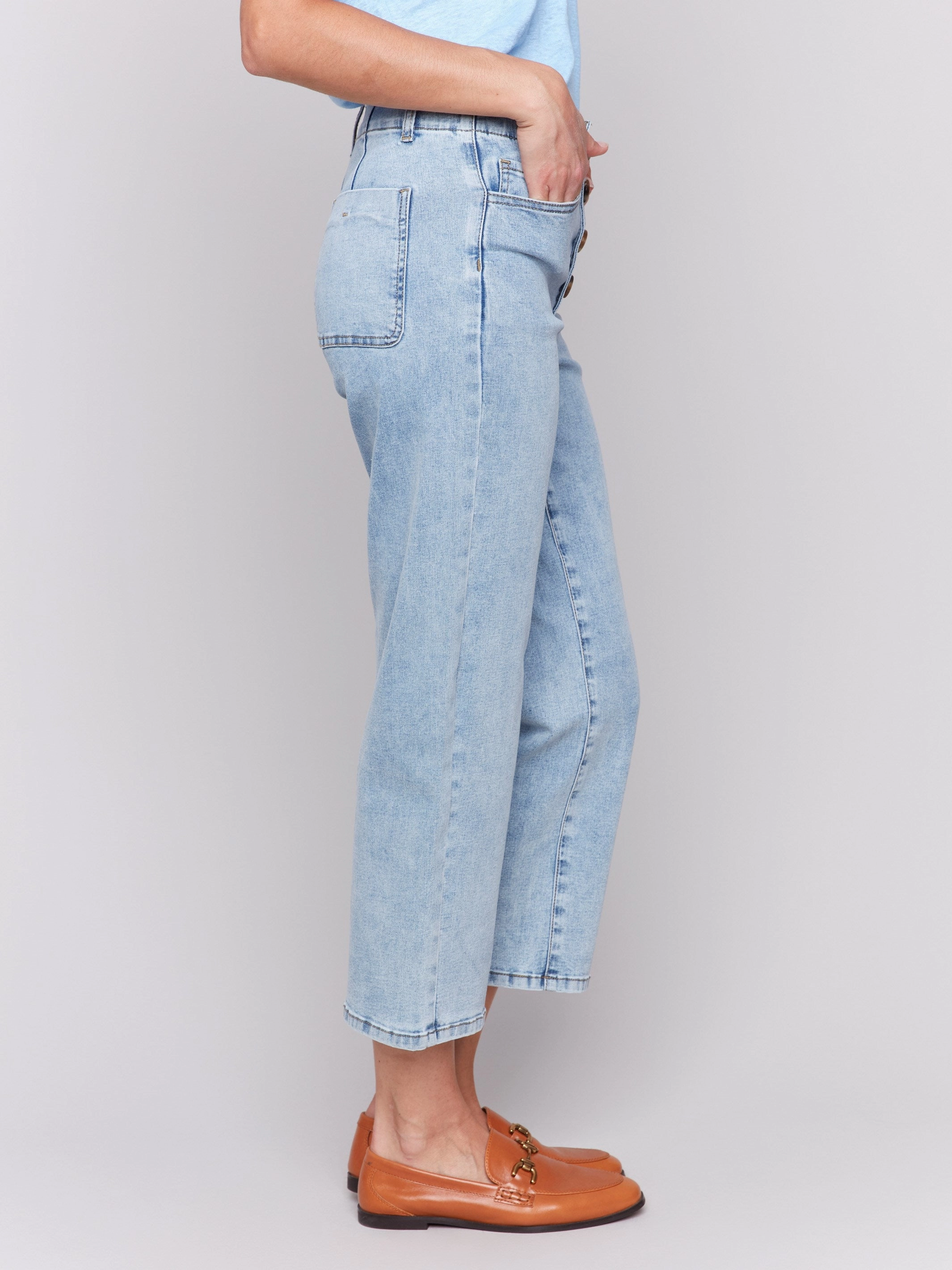 Perfect Length Design Front Button-Fly Straight Crop Jeans - Light Blue