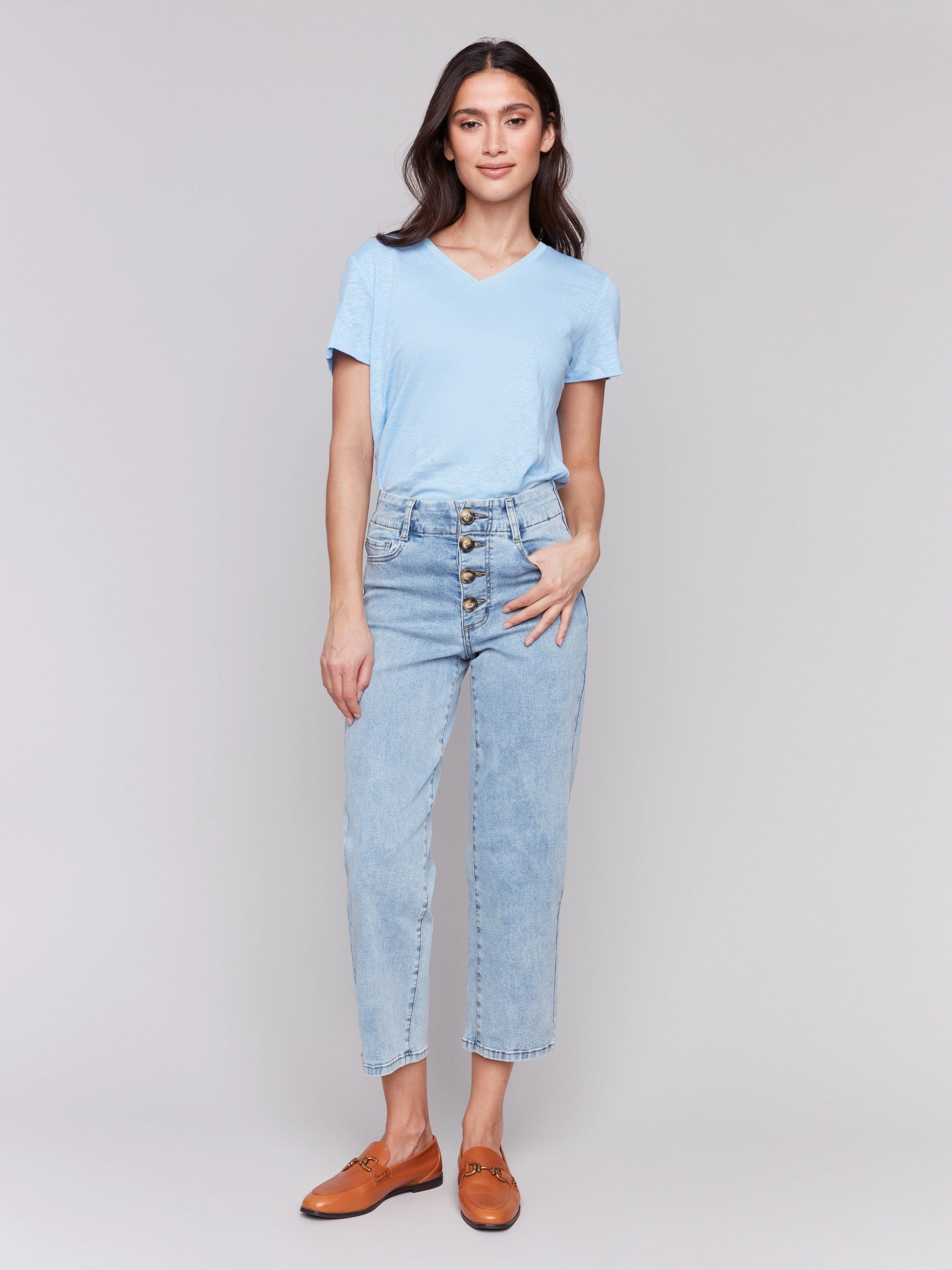 Front Button-Fly Straight Crop Jeans - Light Blue Bold Look Parent Style Outdoor Fashion