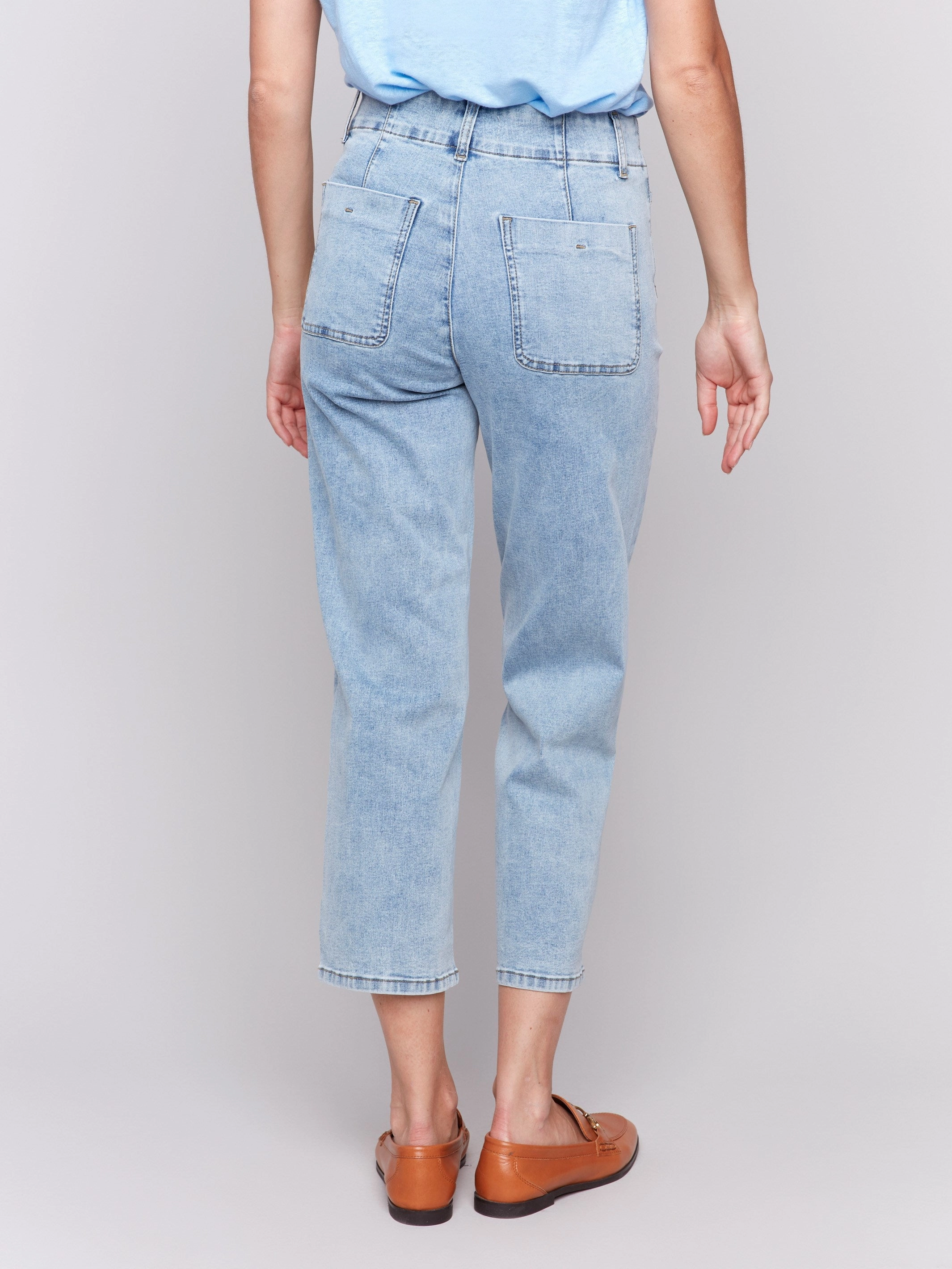 Subtle Detail Front Button-Fly Straight Crop Jeans - Light Blue