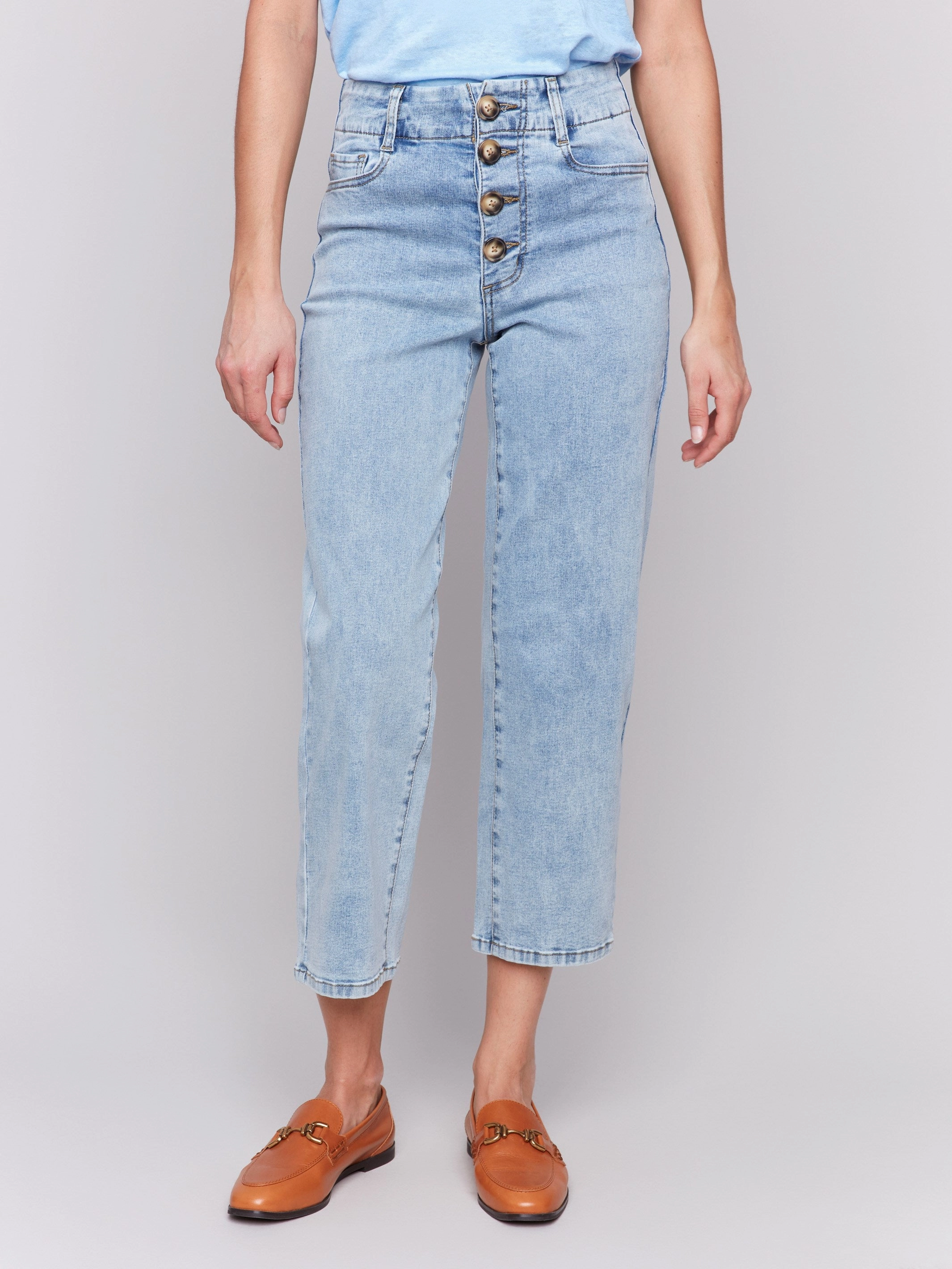 Front Button-Fly Straight Crop Jeans - Light Blue Casual Street