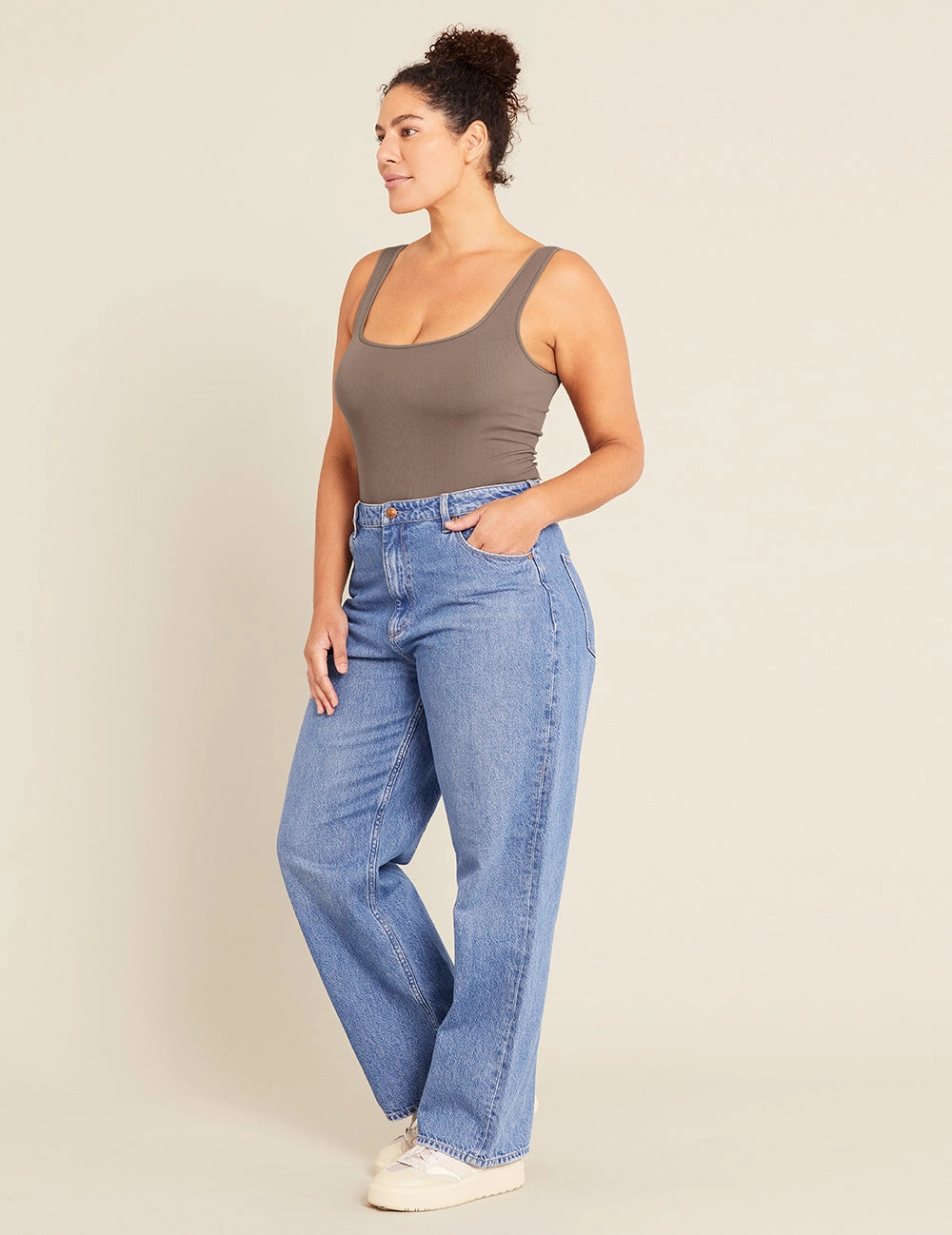 Ribbed Square Neck Bodysuit - Taupe CompactPackability Recycled Polyester