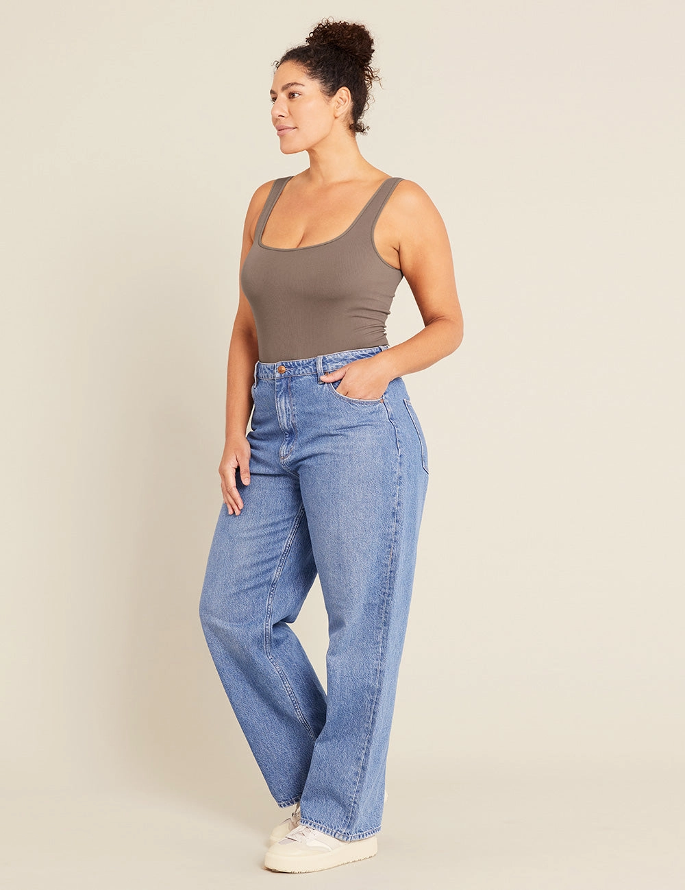 SustainableYarnBlend Layered Skirt Ribbed Square Neck Bodysuit - Taupe