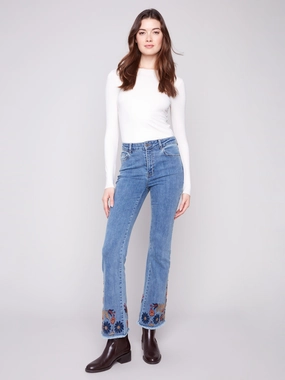 Flare Leg Jeans With Colorful Floral Embroidery - Medium Blue City Walk Smart Casual Wide Leg Silhouette