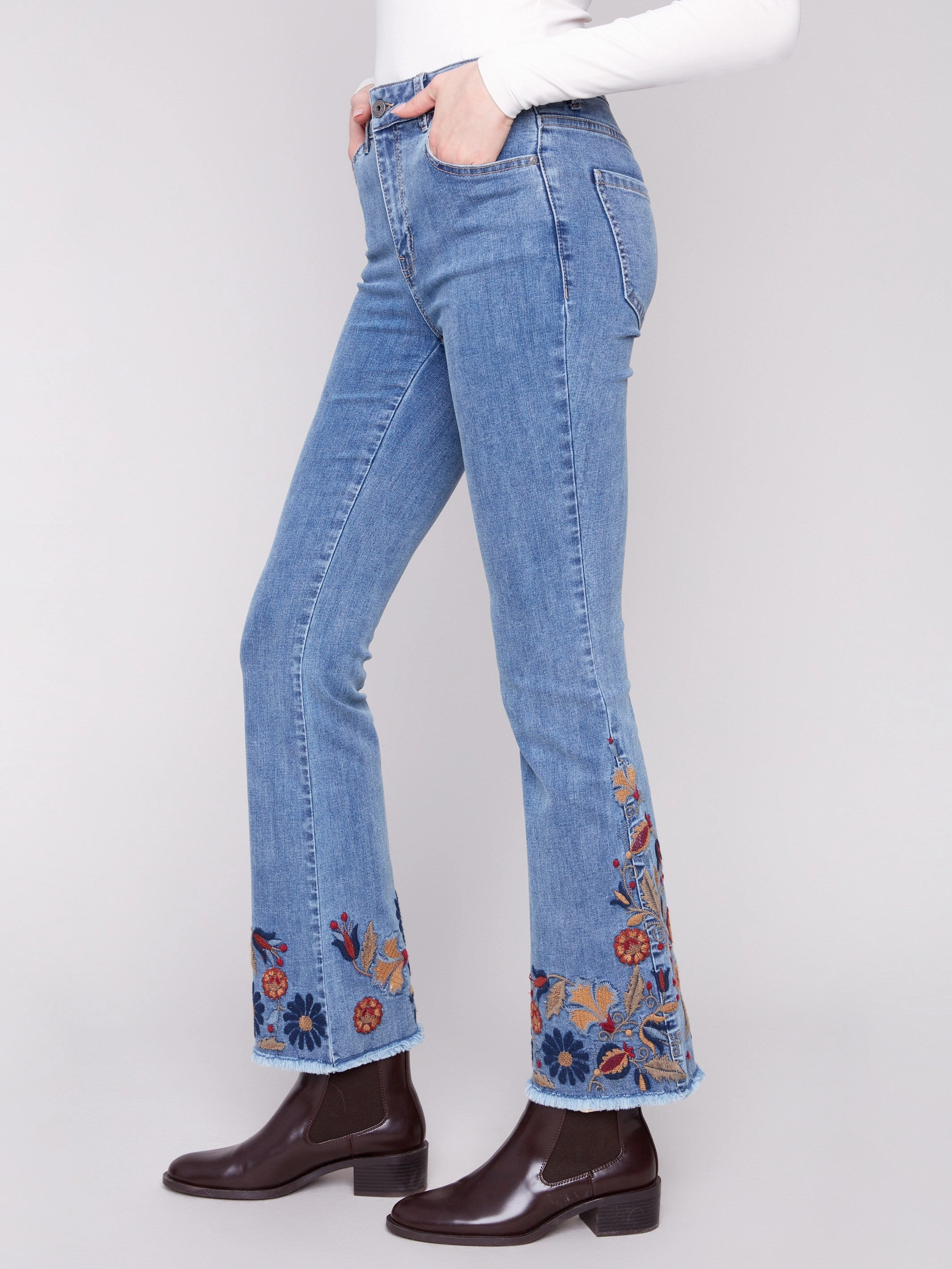 Relaxed Style Stylish Sunny Vibes Flare Leg Jeans With Colorful Floral Embroidery - Medium Blue