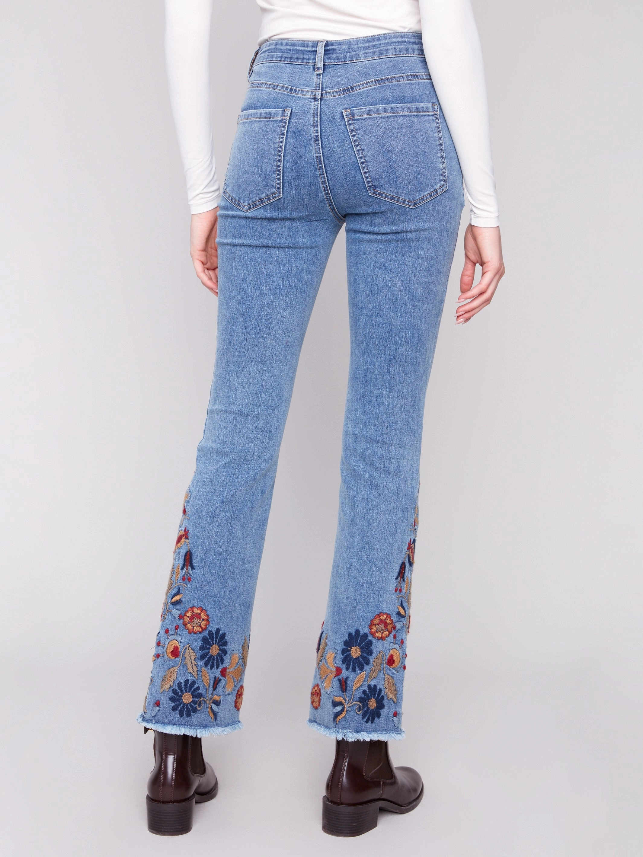 Flare Leg Jeans With Colorful Floral Embroidery - Medium Blue Sustainable Beach Day Double Layered Knees