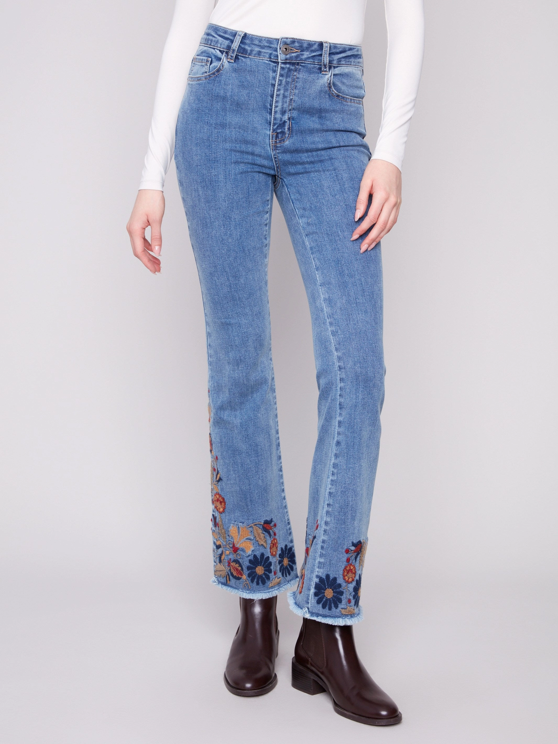 Flare Leg Jeans With Colorful Floral Embroidery - Medium Blue Layer Staple Timeless casual