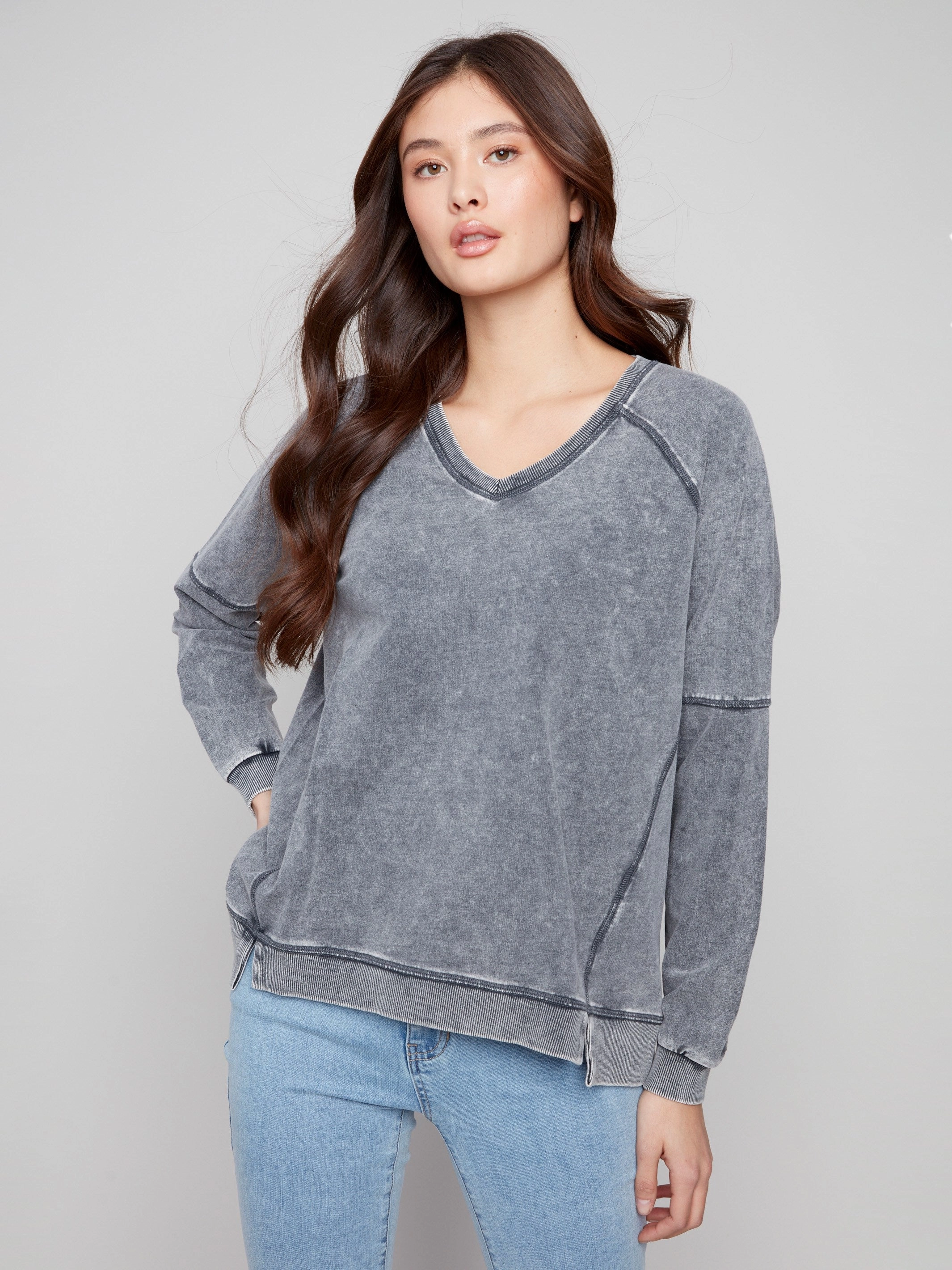 Easy Wear Cold Dye French Terry V-Neck Top - Charcoal