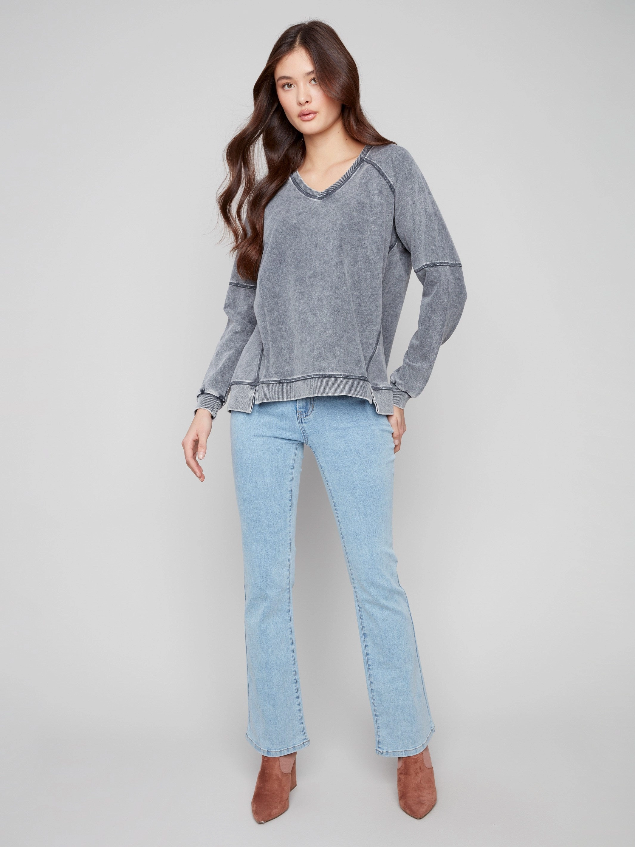 Cold Dye French Terry V-Neck Top - Charcoal QuickRelease Closure