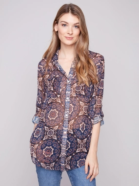 Printed Button-Up Blouse - Medallion Travel related