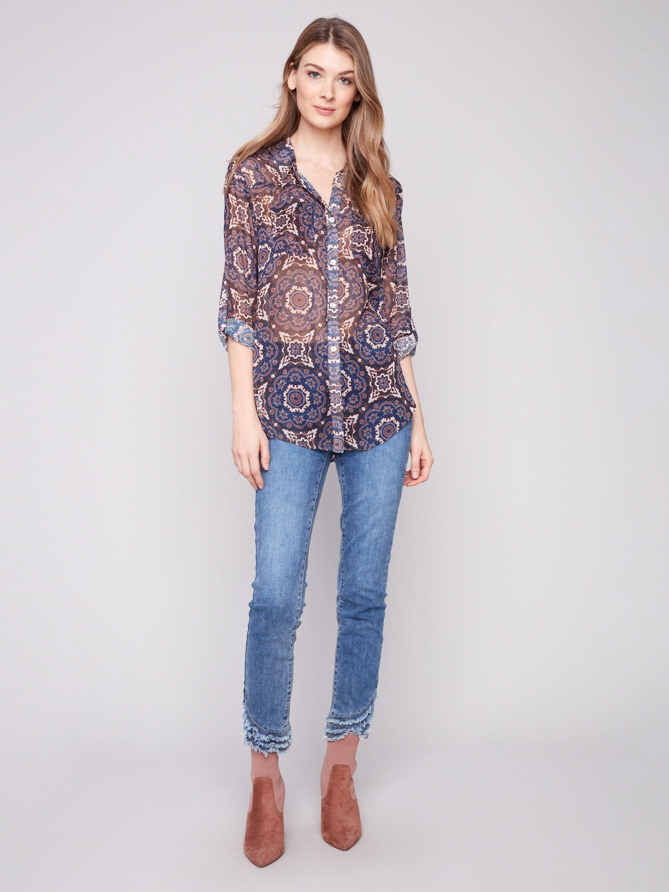 Printed Button-Up Blouse - Medallion Condiment Party - Wear