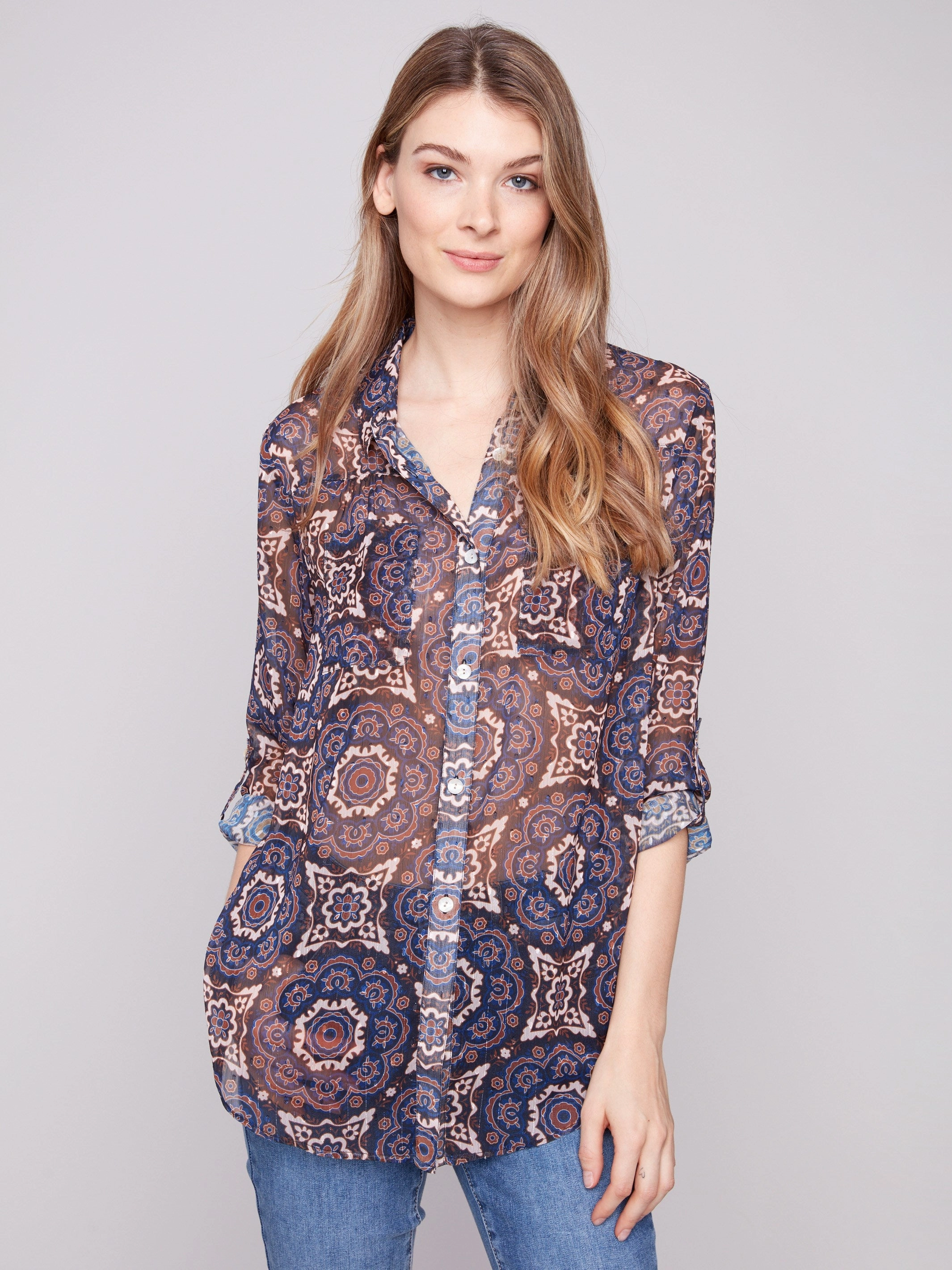 Printed Button-Up Blouse - Medallion Travel related