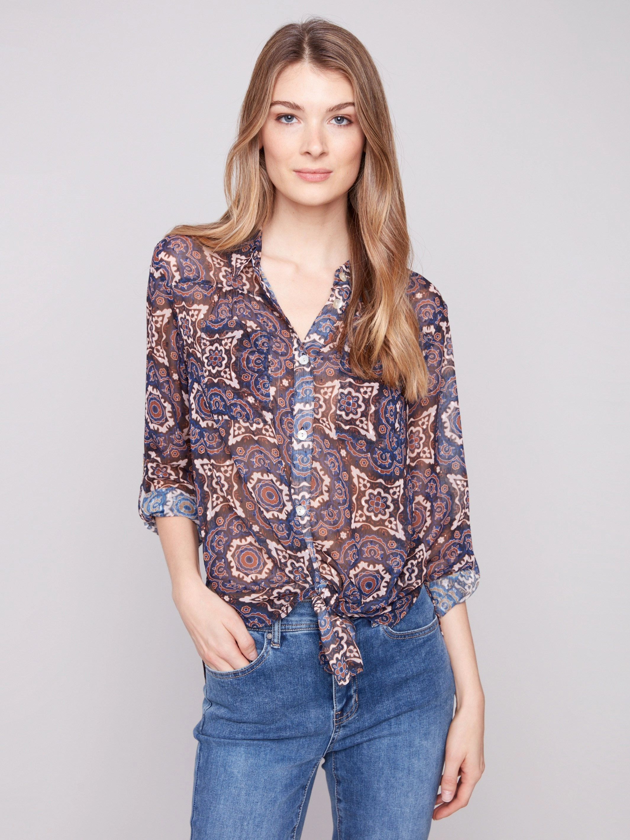 Printed Button-Up Blouse - Medallion Thermal Regulation Tech Gym - wear