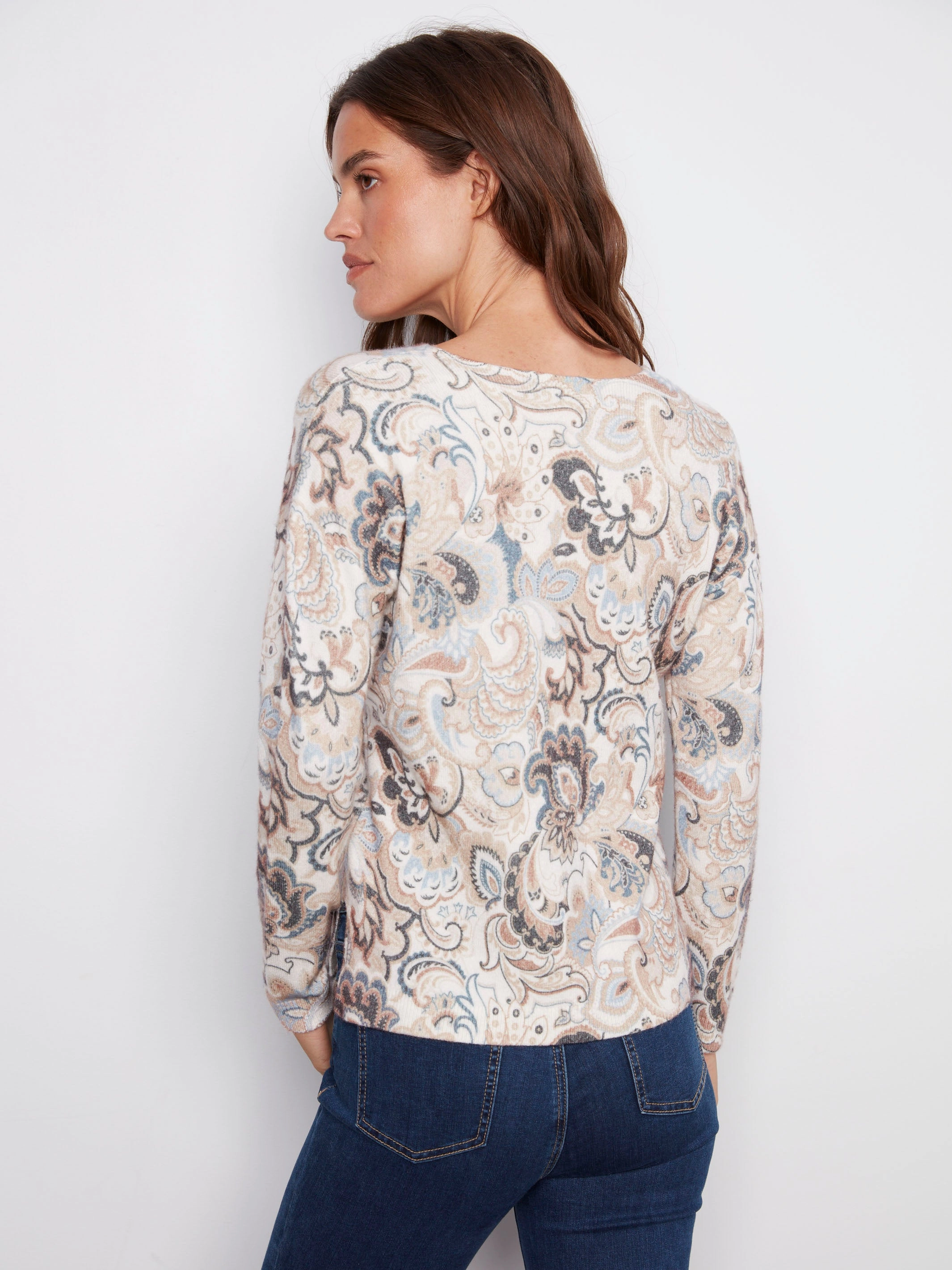 Printed Plush Knit V-Neck Sweater - Holland Velvet runner