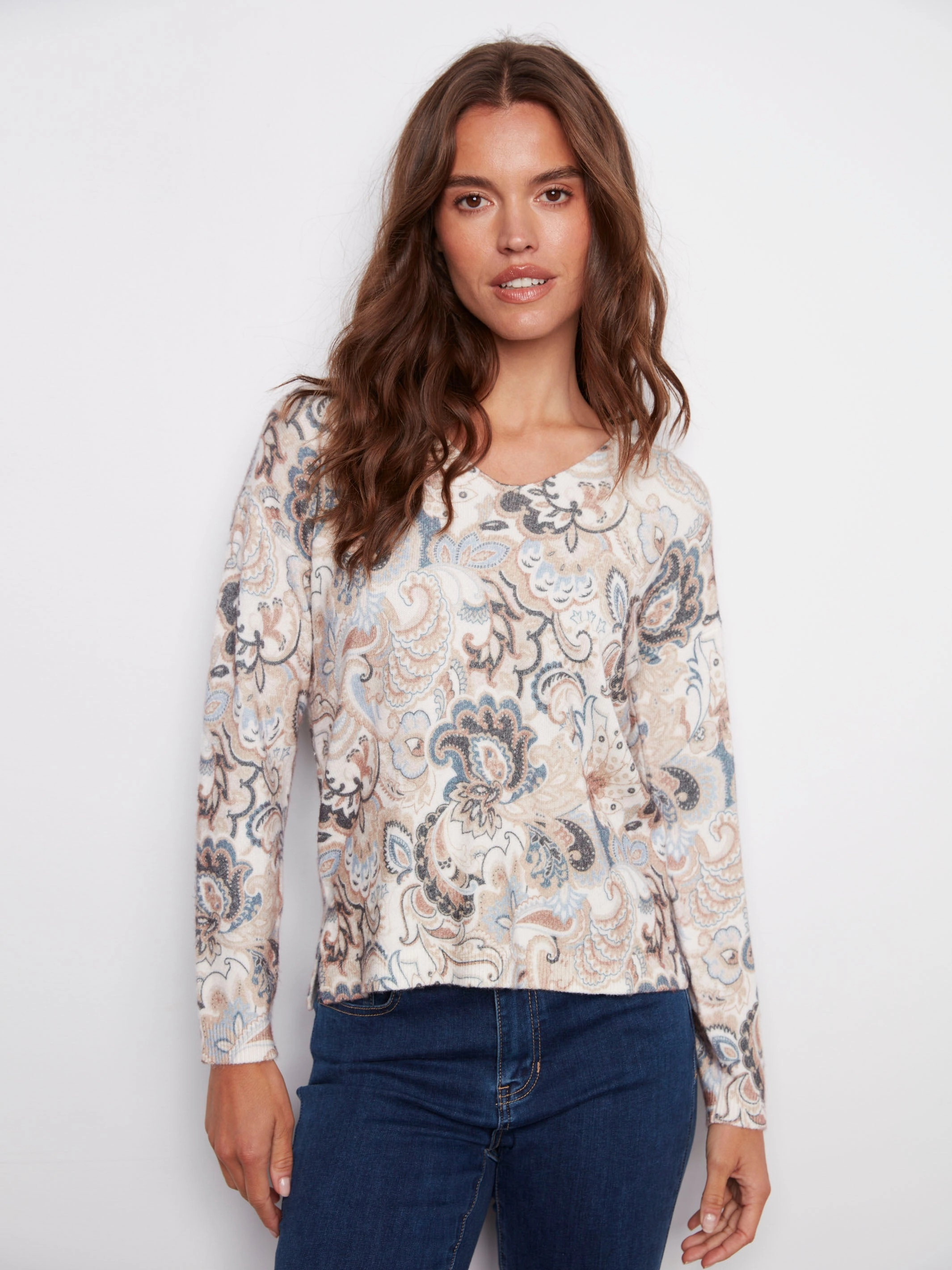 Printed Plush Knit V-Neck Sweater - Holland Techie
