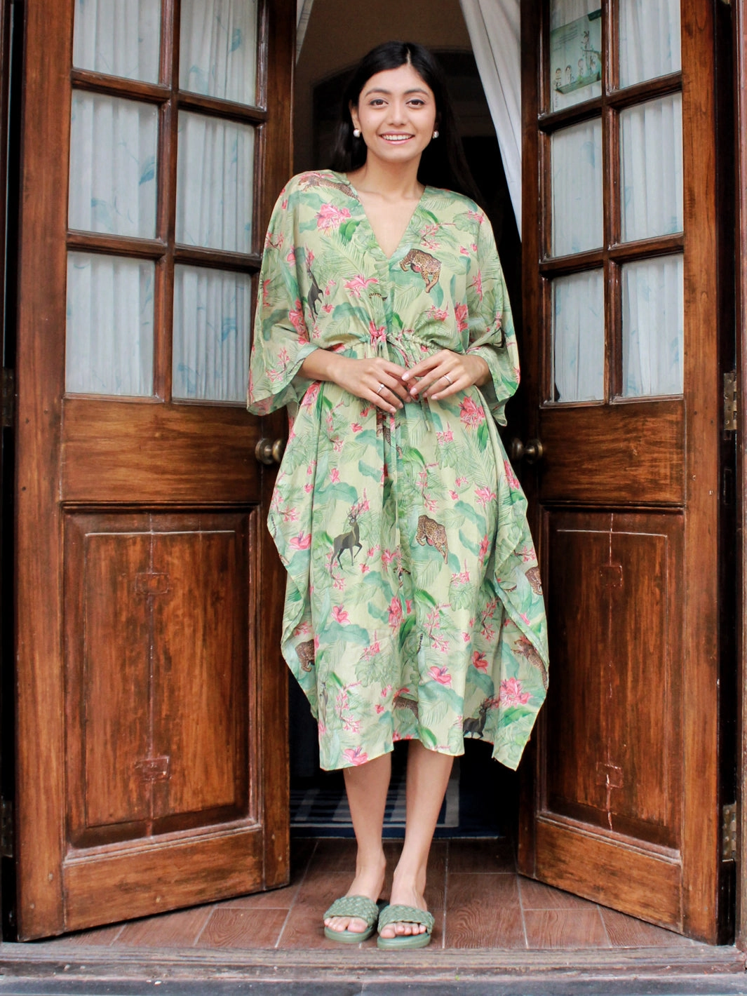 Tropical Drawstring Kaftan Sleek Fit Sophisticated Look