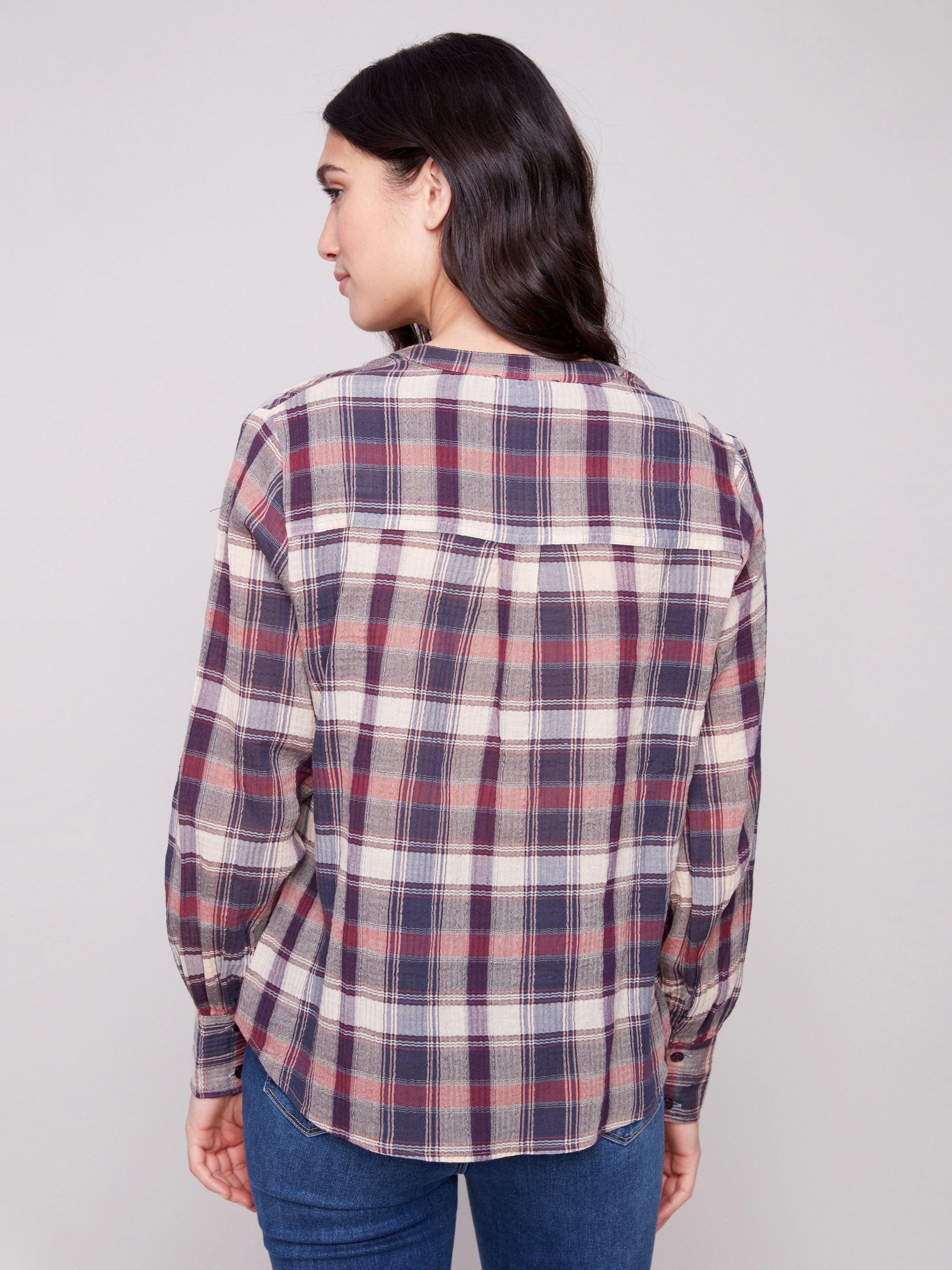 Plaid Bubble Gauze Button-Down Shirt - Berry Fashionable Custom made