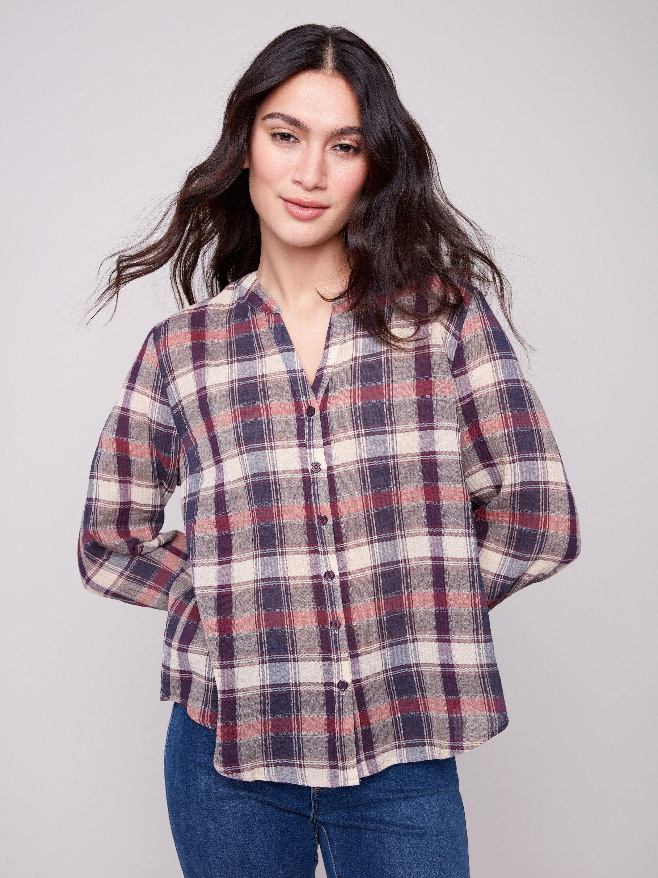 Plaid Bubble Gauze Button-Down Shirt - Berry Male version