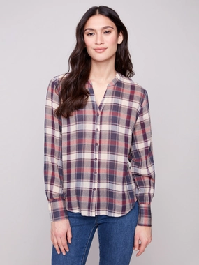 monochromatic Elderly Plaid Bubble Gauze Button-Down Shirt - Berry